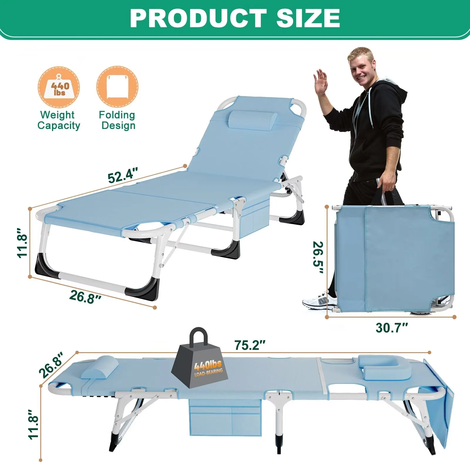 MOPHOTO 5-Position Face Down Folding Chaise Lounge Chairs Outdoor, Sleeping Cots for Adults, Portable Folding Bed Cot Lounge Chair for Beach Lawn Camping Pool Sun Tanning