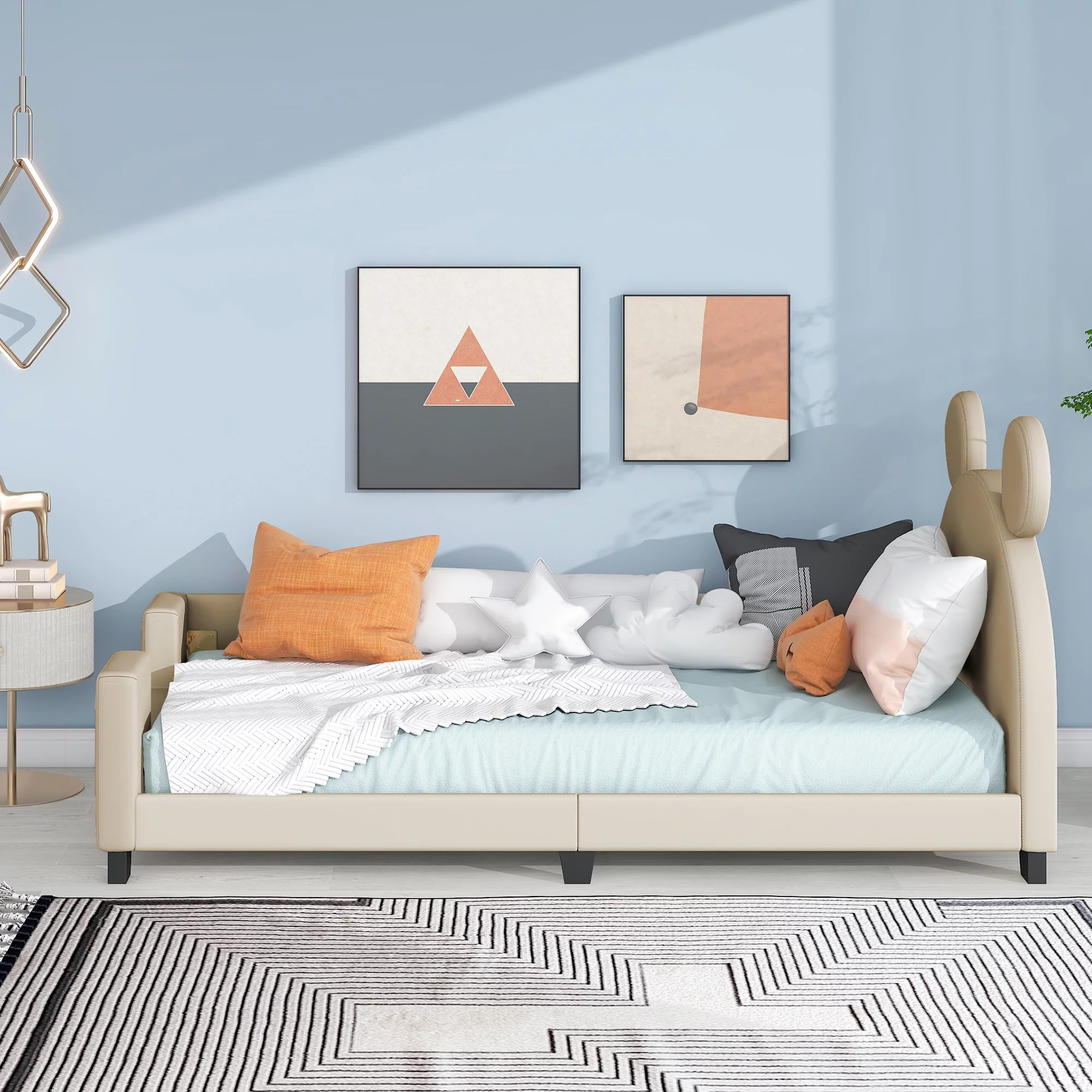 Euroco Mickey Mouse Shaped Twin Size Upholstery Daybed with Headboard for Kids, Gray