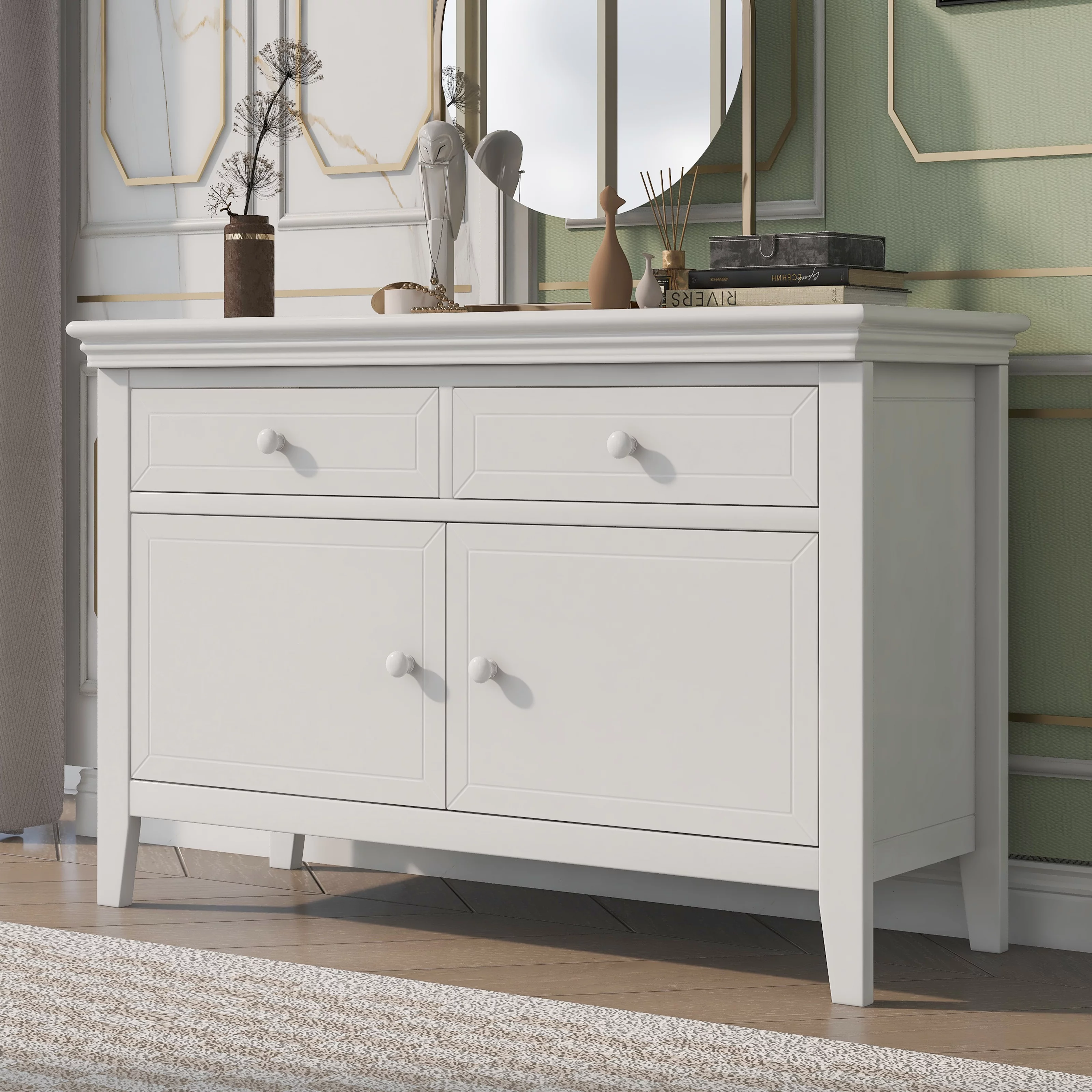 Paproos Dressers for Bedroom, Solid Wood Dresser Storage Chest with 2 Drawers and 2 Cabinets, White