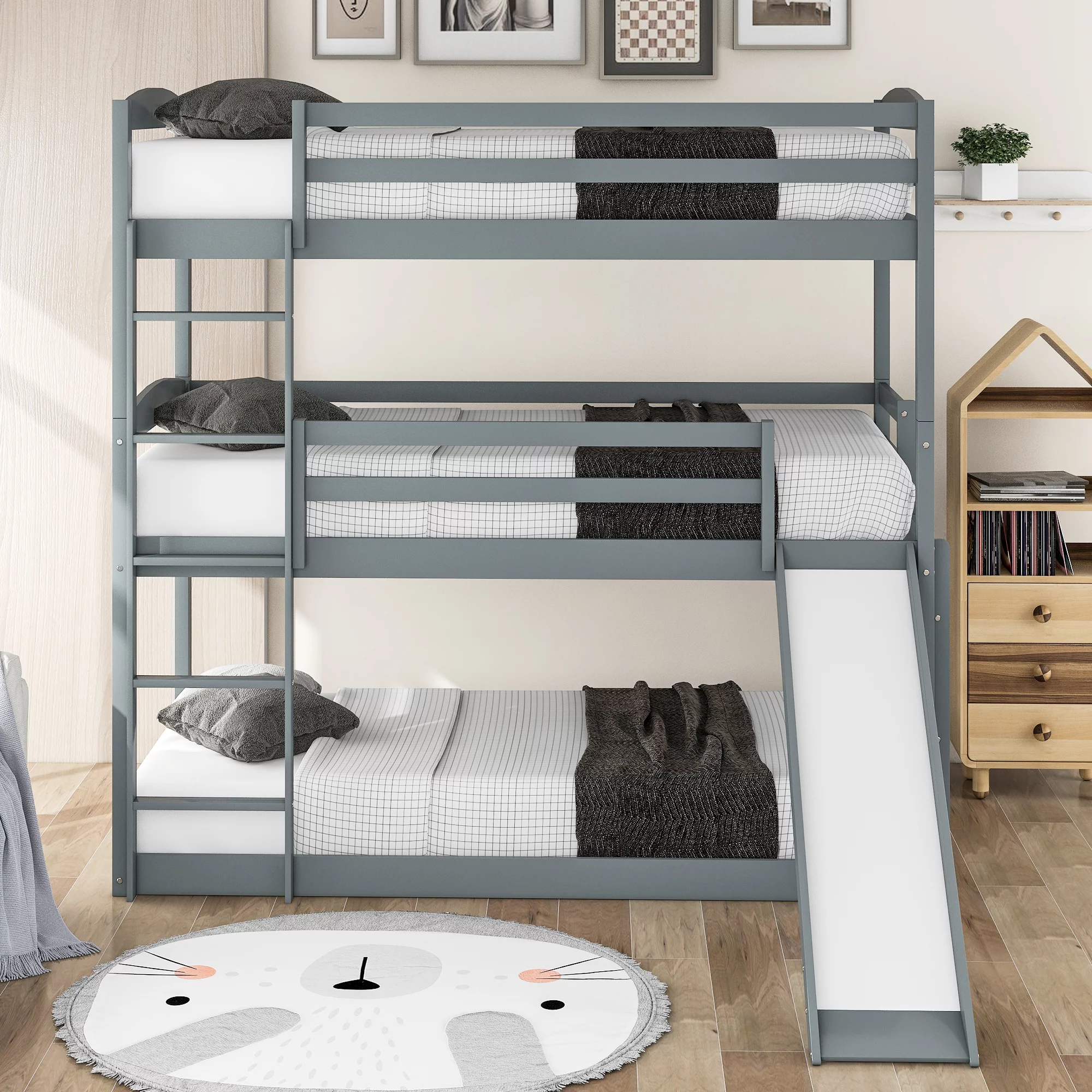 Twin Over Twin Over Twin Adjustable Triple Bed with Slide, Twin Bunk Bed with Fun Slide and Ladder, Wood Loft Bed Frame for Kids & Girls & Boys