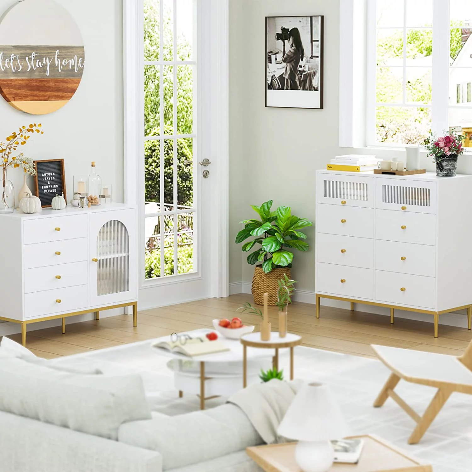 White Dresser  8 Drawer Dresser Double Dresser for Bedroom with Fluted Glass Door and Gold Metal Legs  Modern Dresser Gold Dresser Wood Storage Chest of Drawers for Bedroom Living Room
