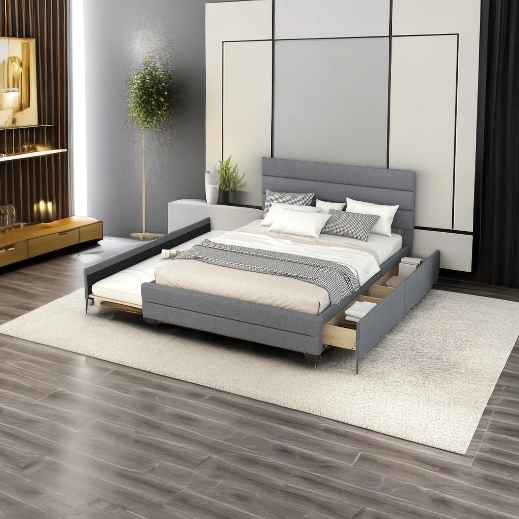 Modern Linen Upholstered Platform Bed with Trundle and 2 Drawers, Queen Size Platform Bed, Wooden Slats Support, No Box Spring Needed