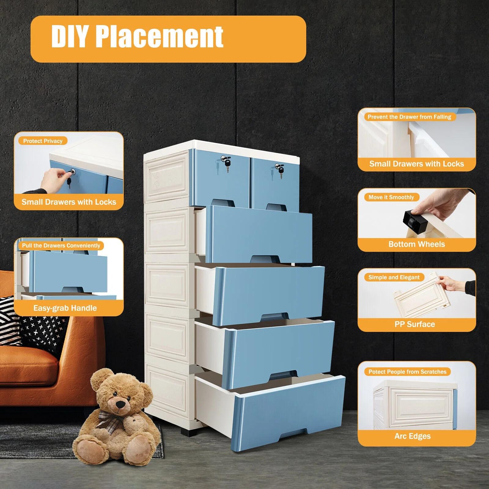 TFCFL 6 Drawers Portable Sturdy Plastic Dresser Storage Cabinet with Keys Blue 19.7