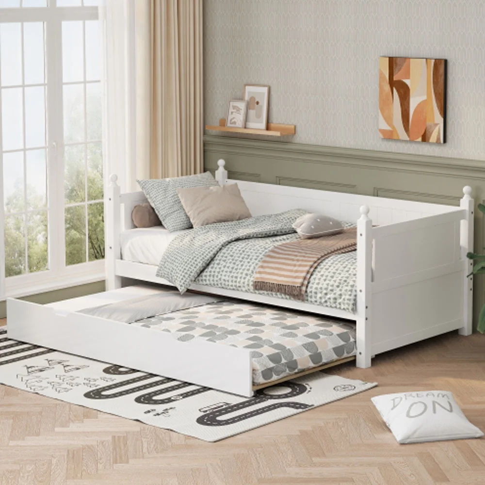 Twin Size Solid Wood Daybed with Trundle - White