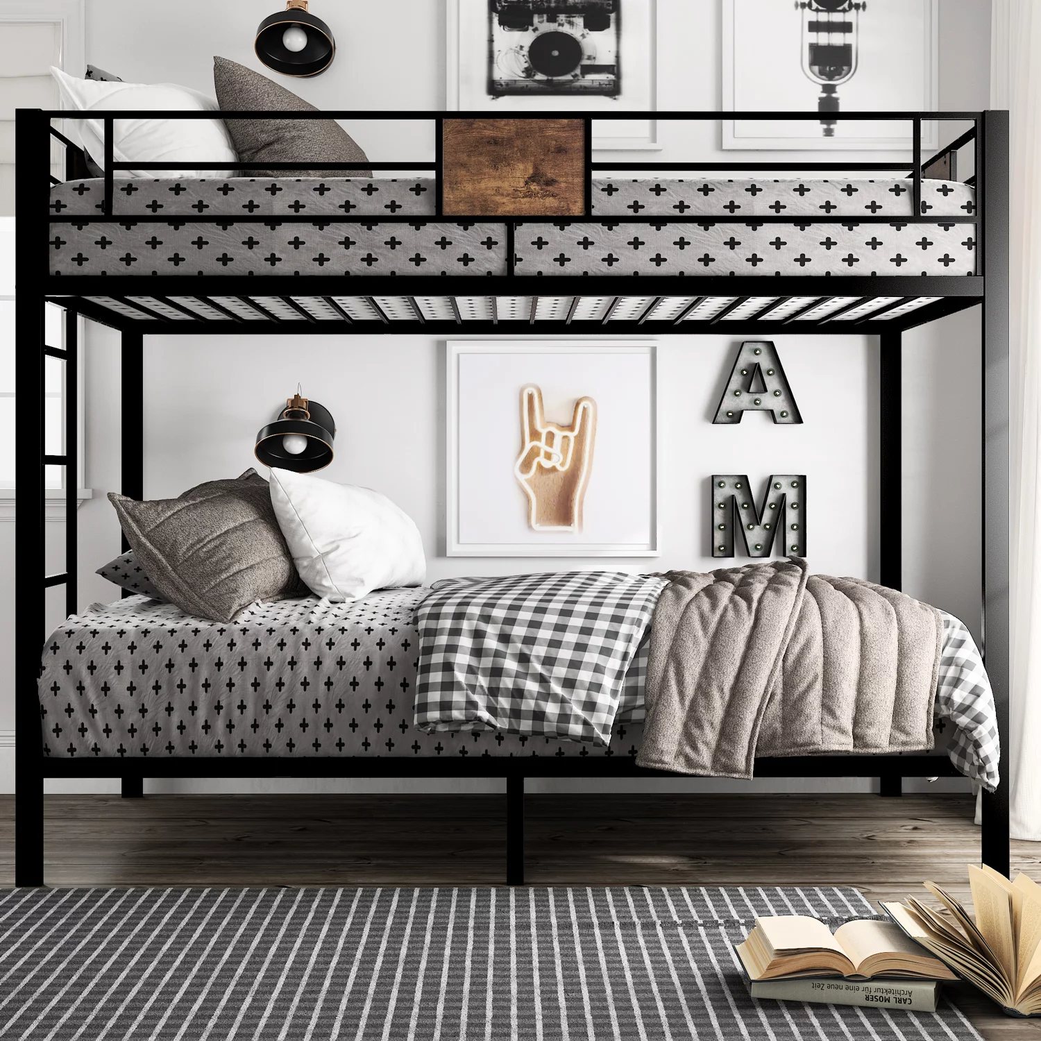 Amolife Metal Twin Over Twin Size Bunk Bed Frame with Stairs & Full-Length Guardrail, Black