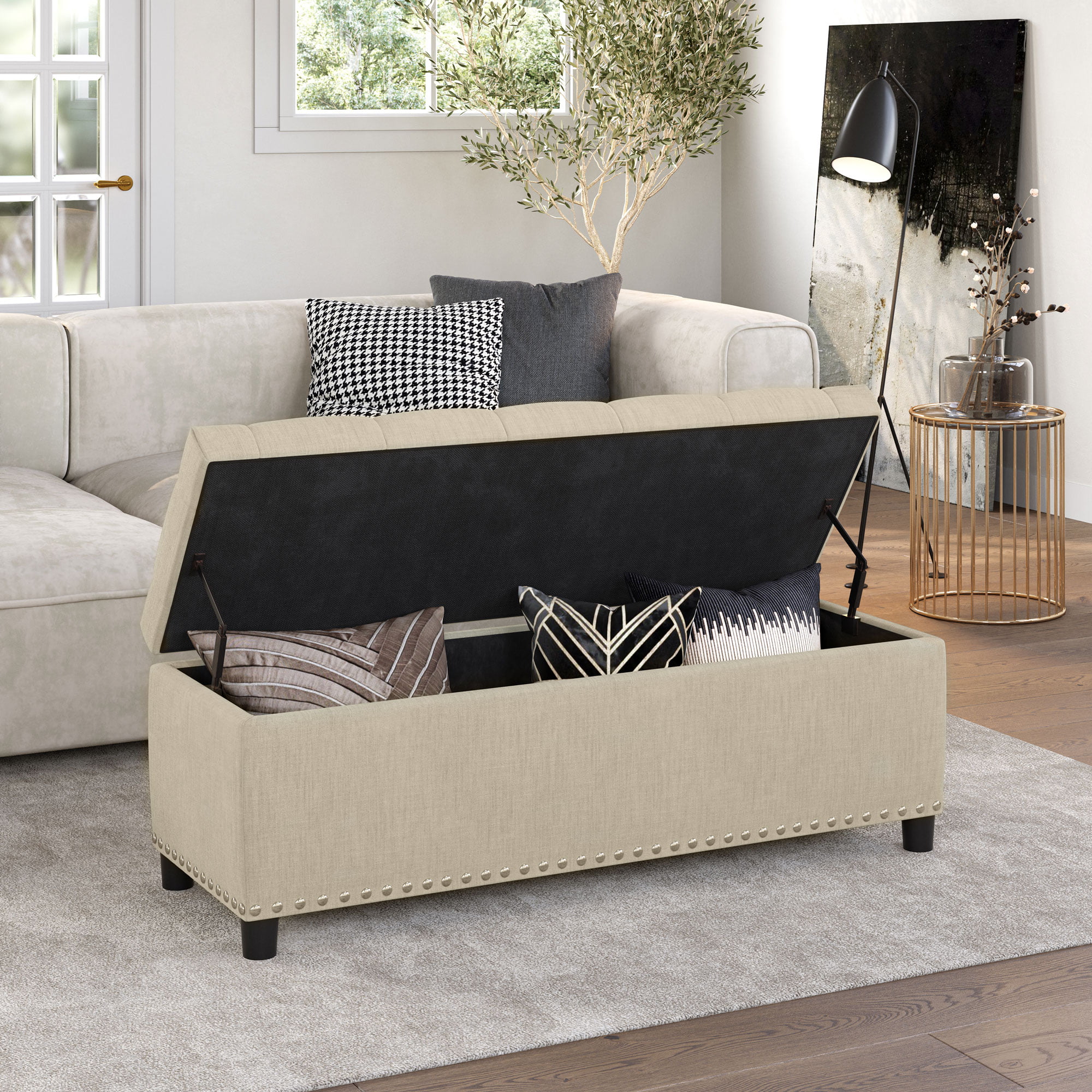 BELLEZE Button-Tufted Storage Ottoman Bench - Brentwood (Beige)