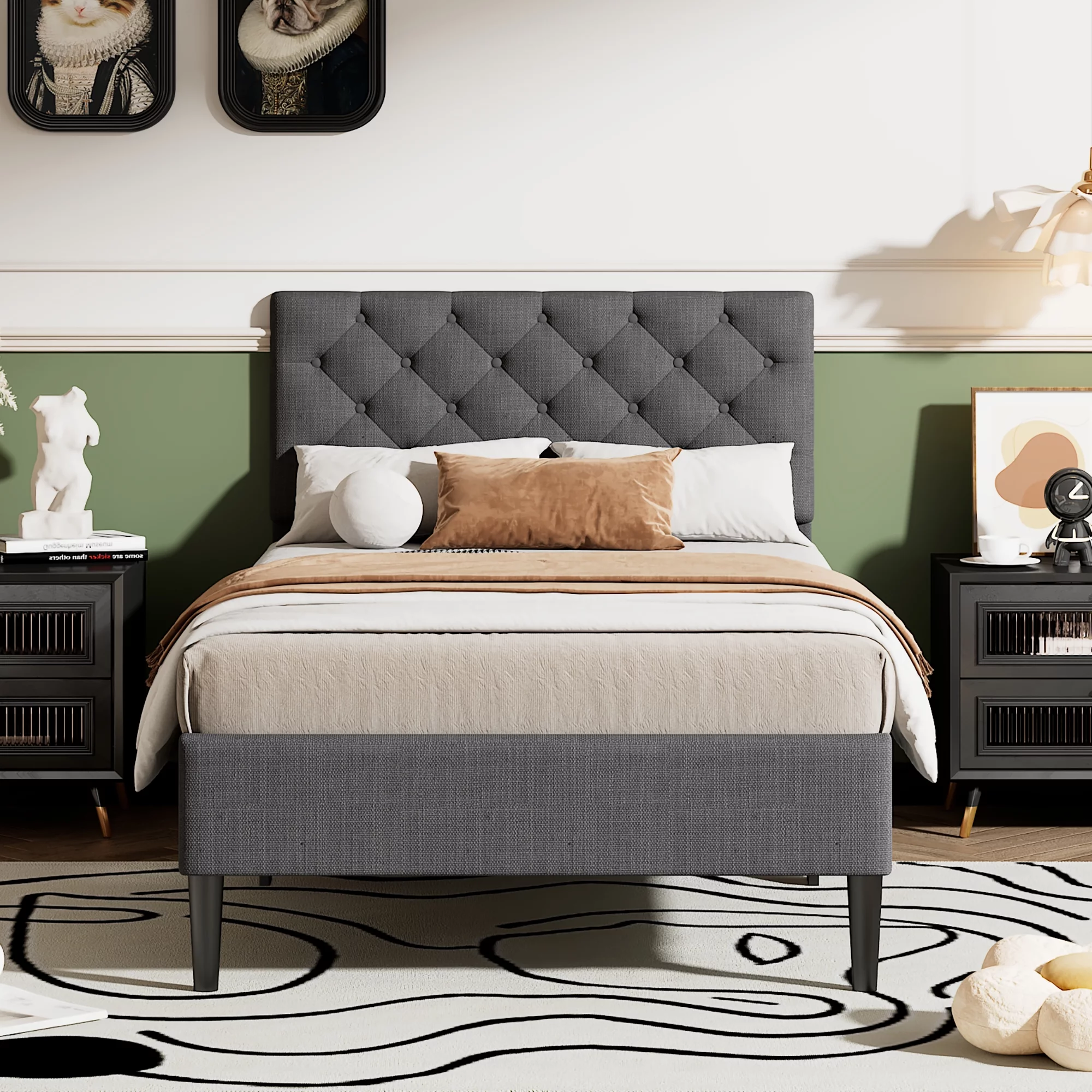 BTMWAY Twin Size Upholstered Platform Bed with Headboard and Wooden Slats, Bedroom Twin Bed Frame No Box Spring Needed, Single Bed Frame, Gray