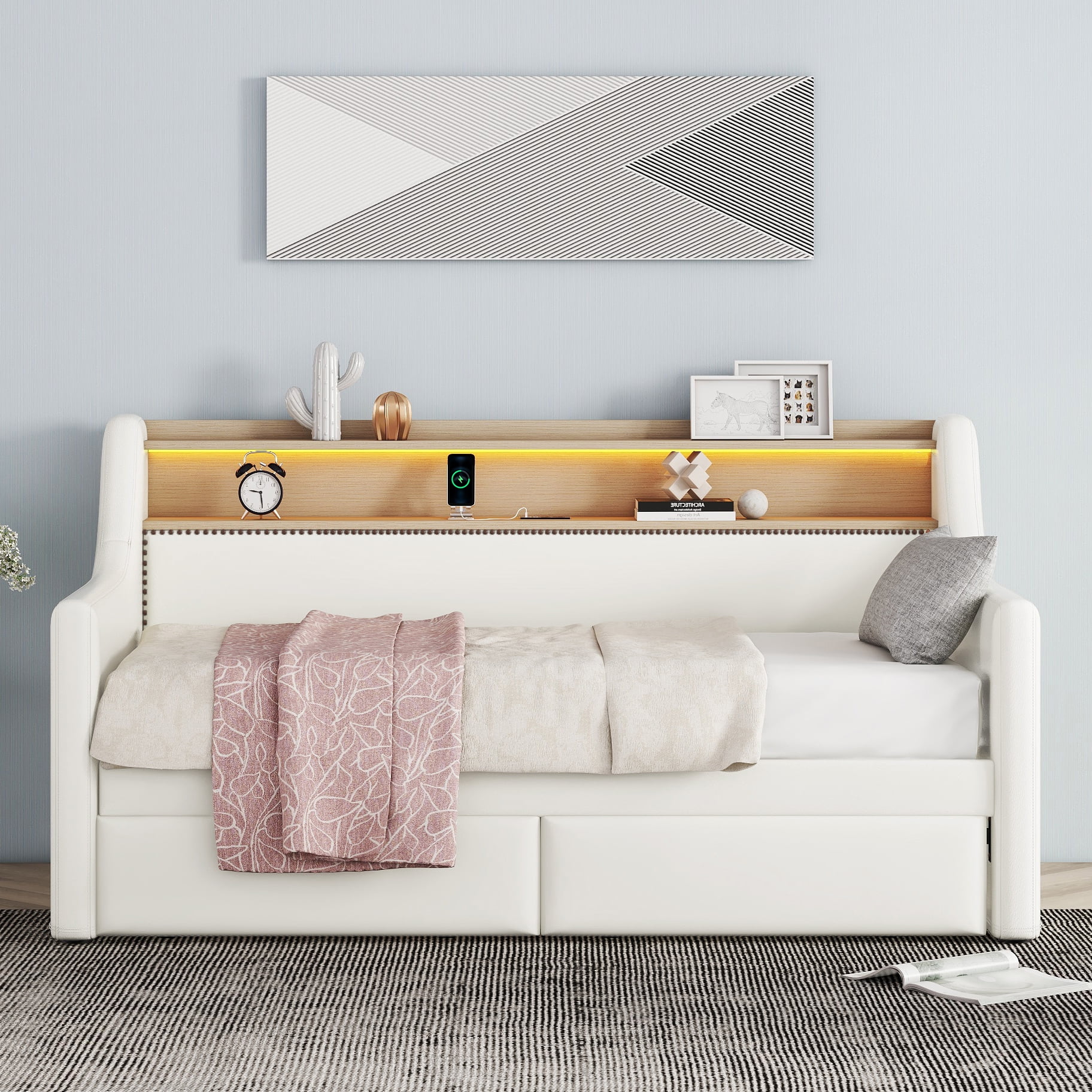 Bellemave Twin Size Daybed with 2 Storage Drawers, Upholstered Sofa Bed Frame with Charging Station and LED Lights, Twin Bed Frame for Bedroom/Living Room/Guest Room（White）
