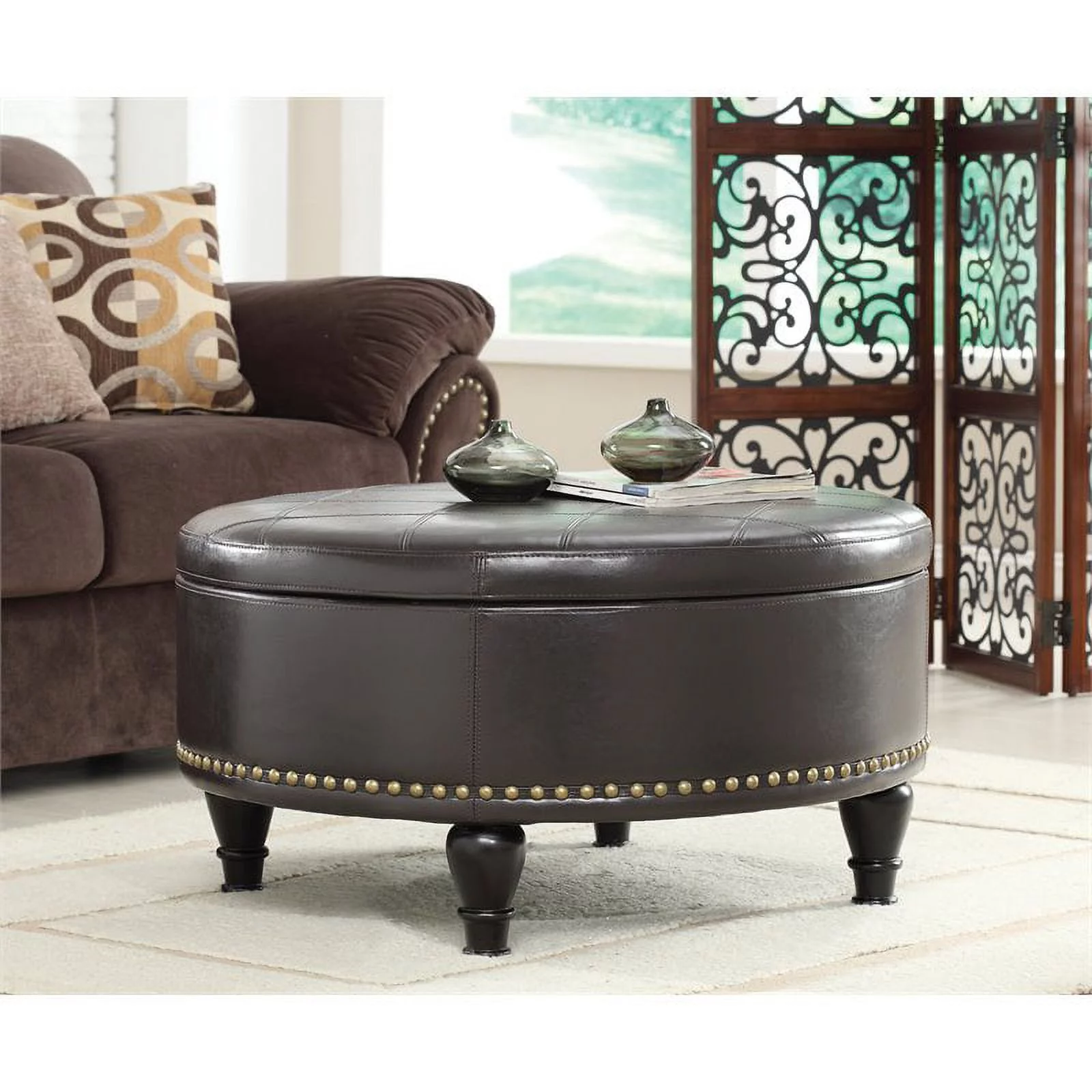 Augusta Storage Leather Ottoman in Espresso