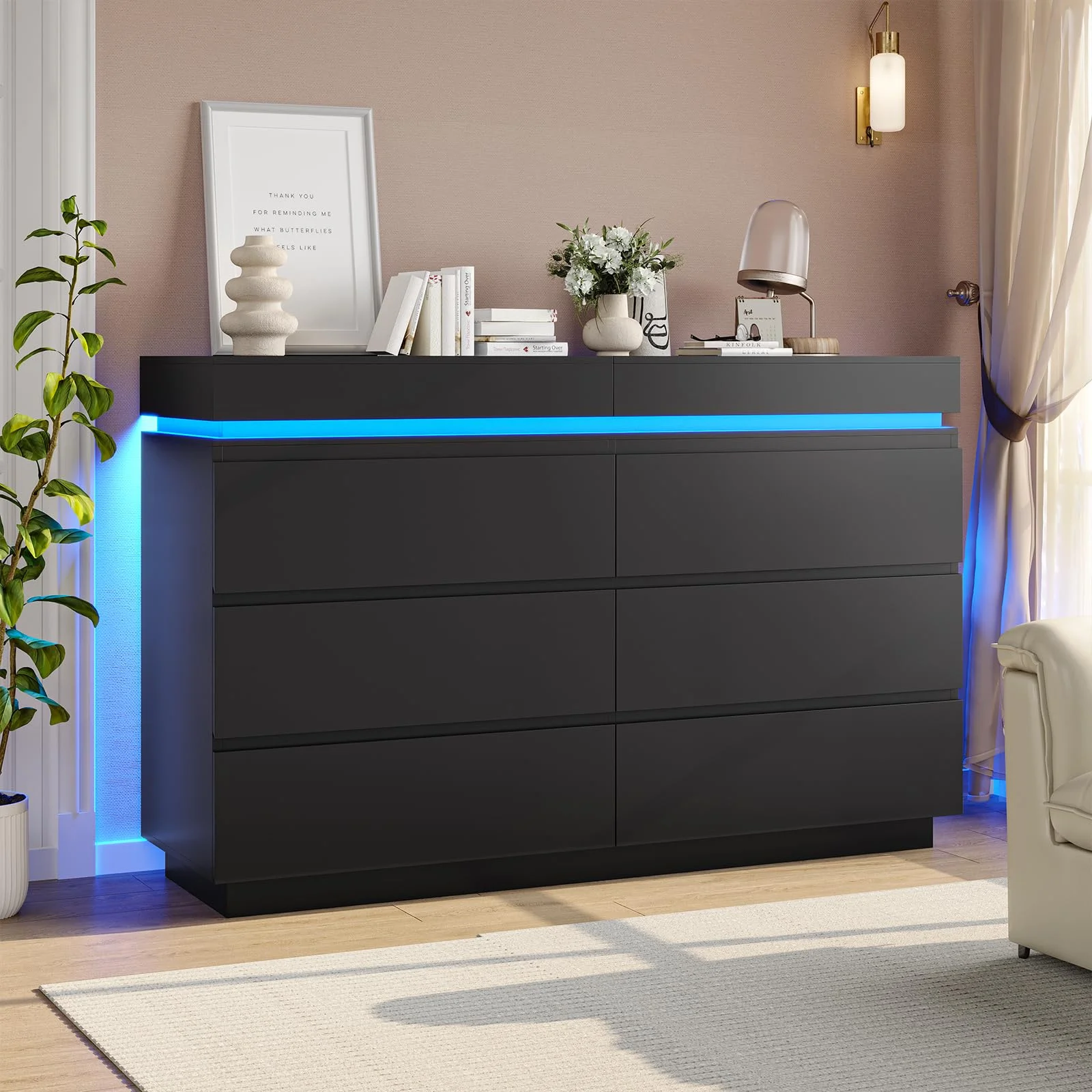 Afuhokles Dressers for Bedroom with Charging Station, Modern 6 Drawer Dresser with Sliding Desktop and LED Light, Black