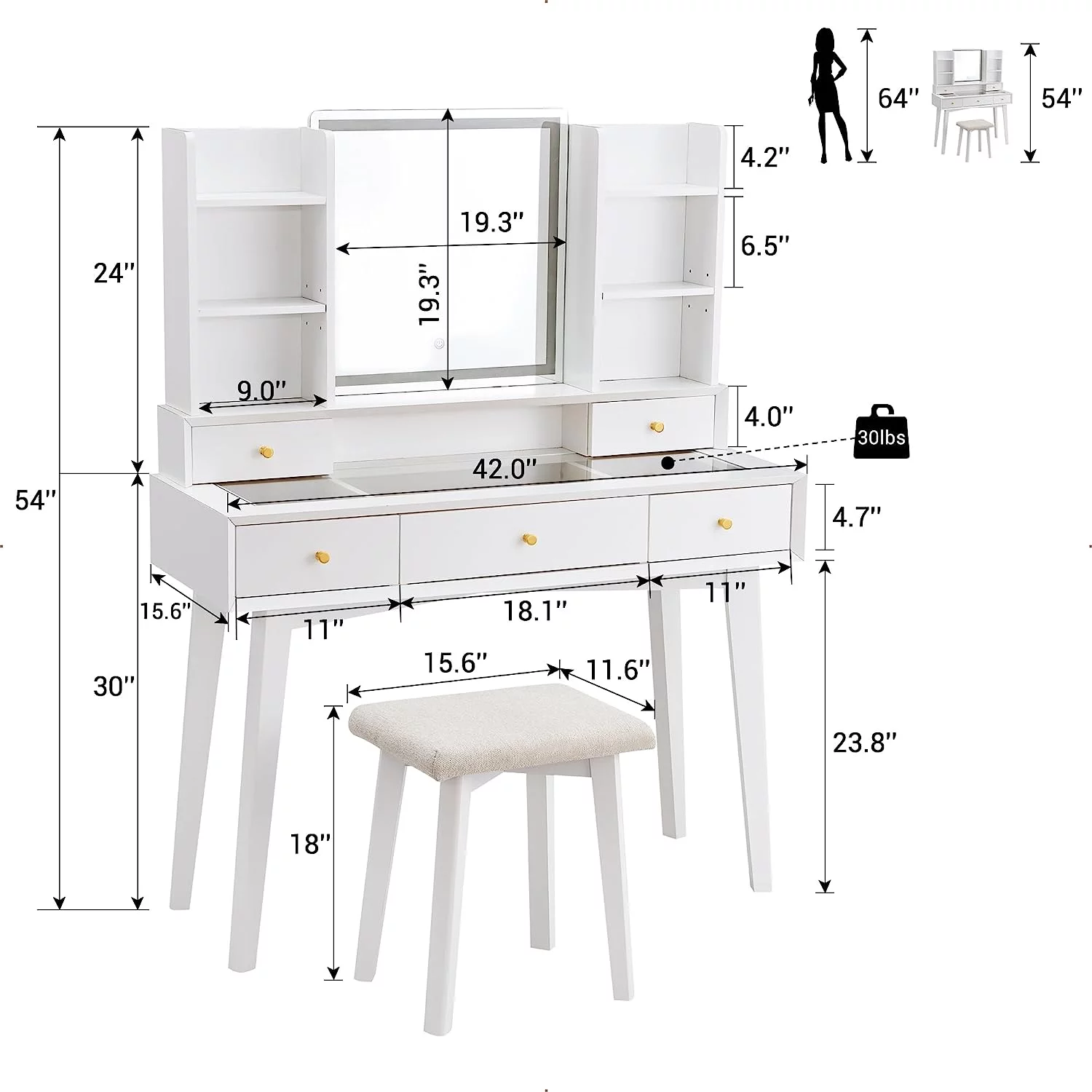 OKD Makeup Vanity Table Set, Dressing Table with Lighted Mirror & 5 Drawers, Vanity Desk for Bedroom, Dressing Room, White