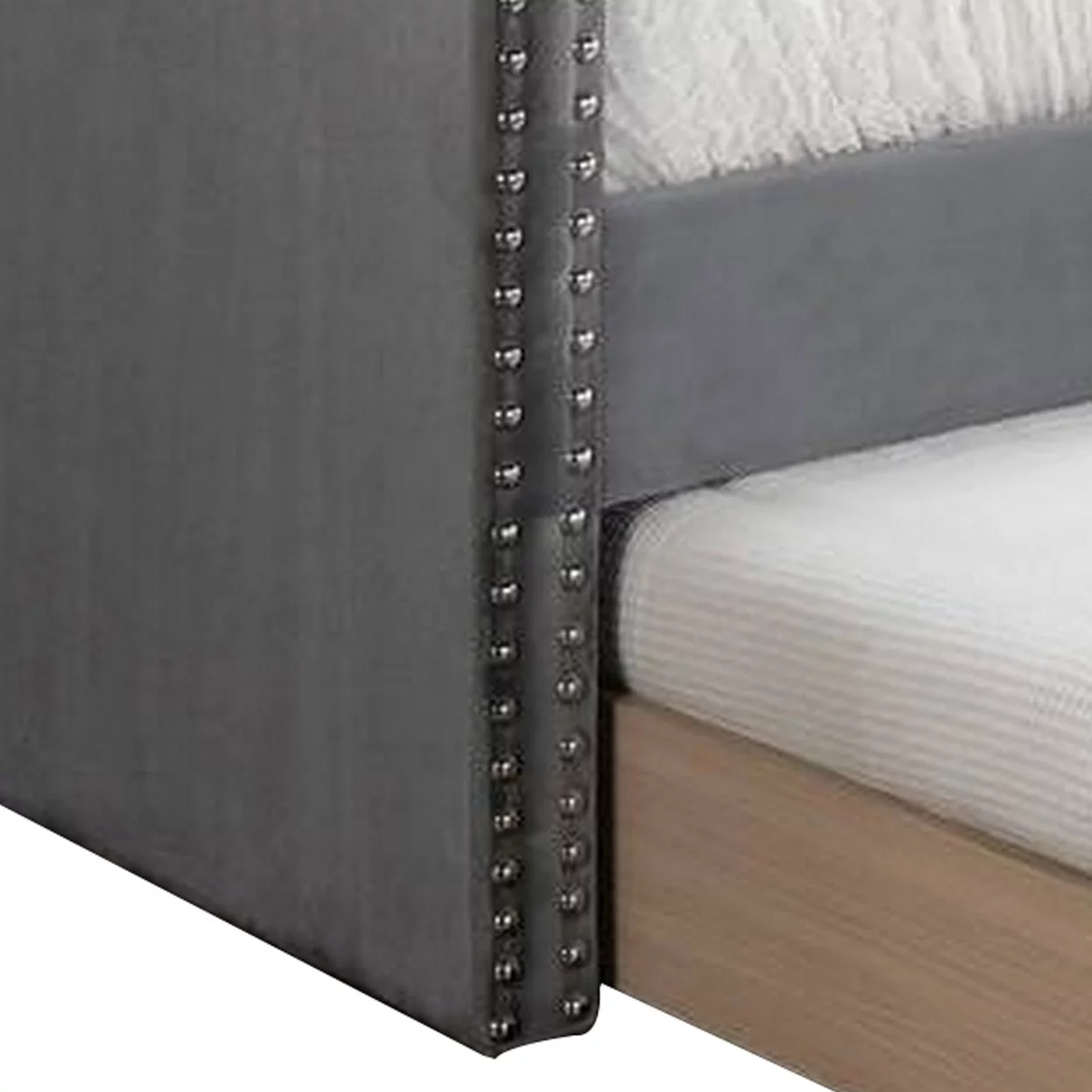 Ann Modern Wood Day Bed with Trundle Straight Tufted Back Gray Burlap- Saltoro Sherpi