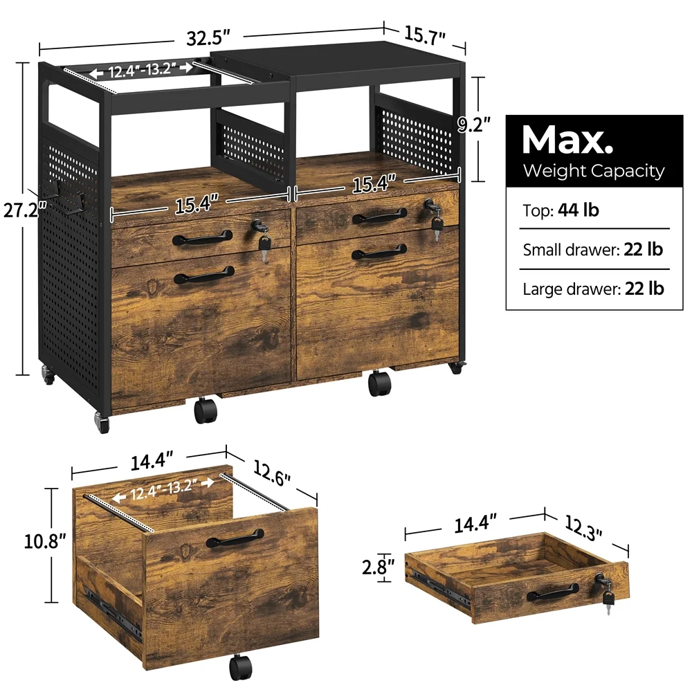 Smile Mart Industrial Lateral File Cabinet with 4 Drawers & 2 Open Compartments, Rustic Brown