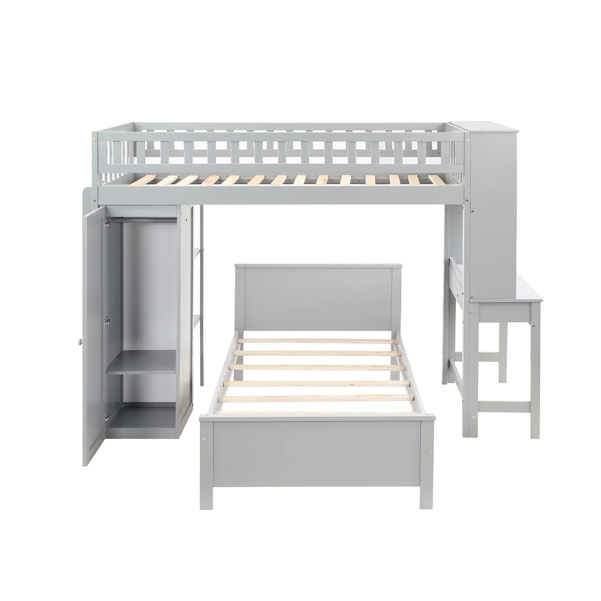 LANTRO JS Twin Size Loft Bed with Closet and Desk, Extra Bottom Twin Bed, Grey