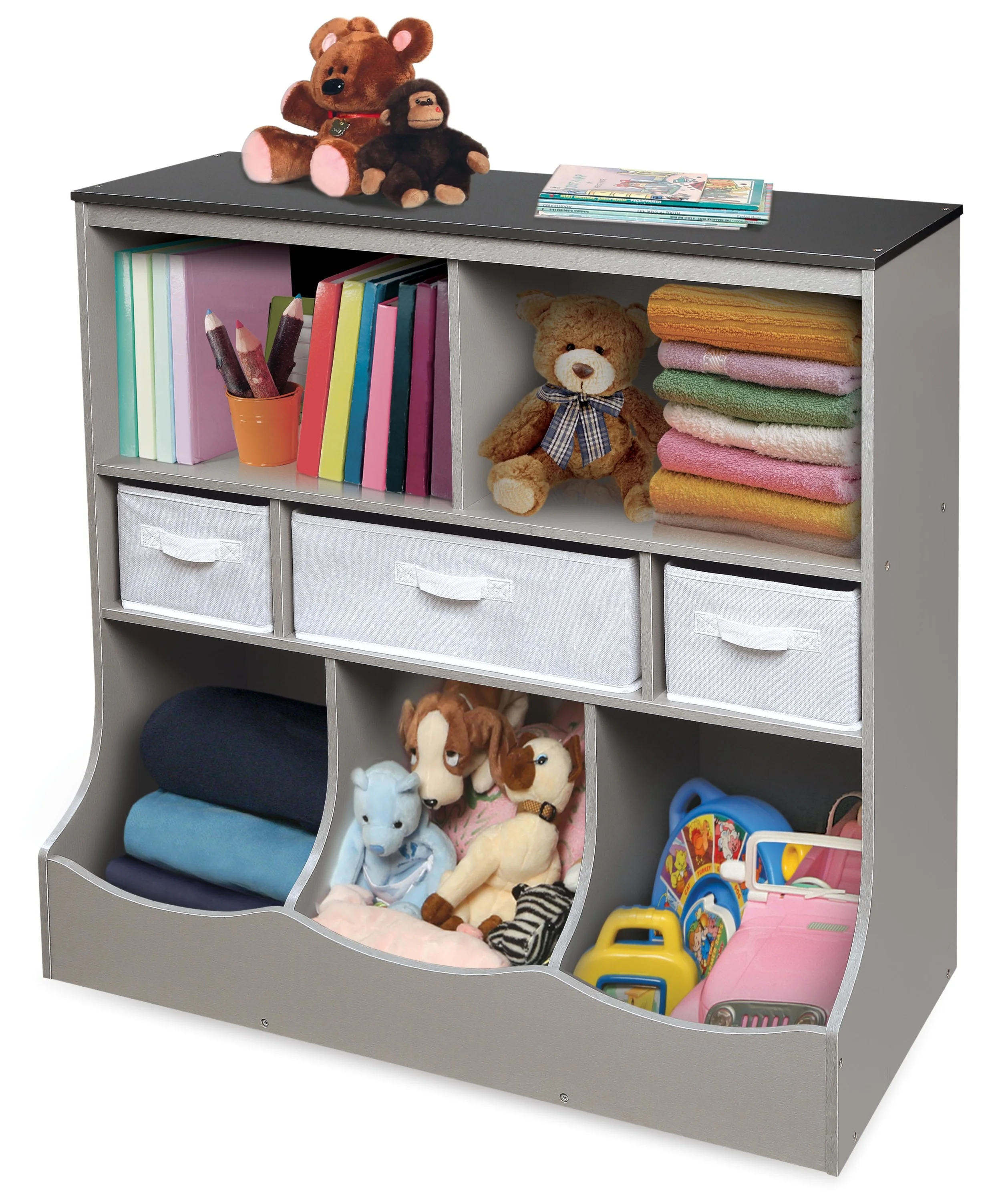 Badger Basket Combo Bin Wood Toy Storage Organizer with Three Baskets 8.6 Cu ft.- Gray