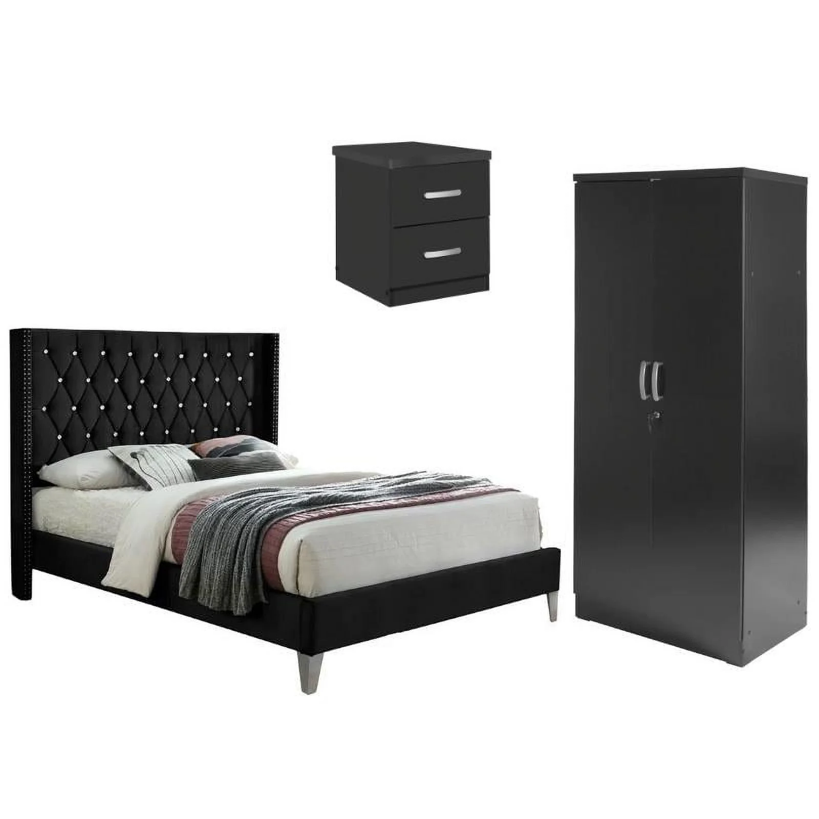 Home Square 3-Piece Set with Full Bed Armoire Wardrobe Cabinet & Nightstand