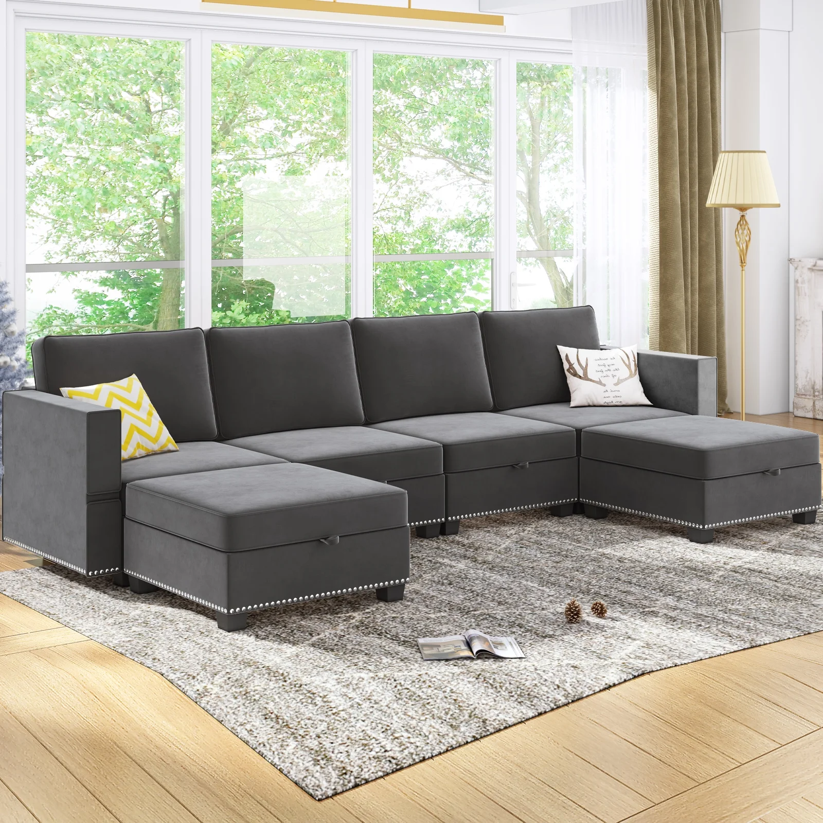 BALUS Modular Sectional Sofa, Convertible U L Shaped Sleeper Sofa, Convertible Sectional Sofa Couch Set with Storage Large Space，6 Seater Furniture Sets for Living Room/Apartments(Dark Grey)