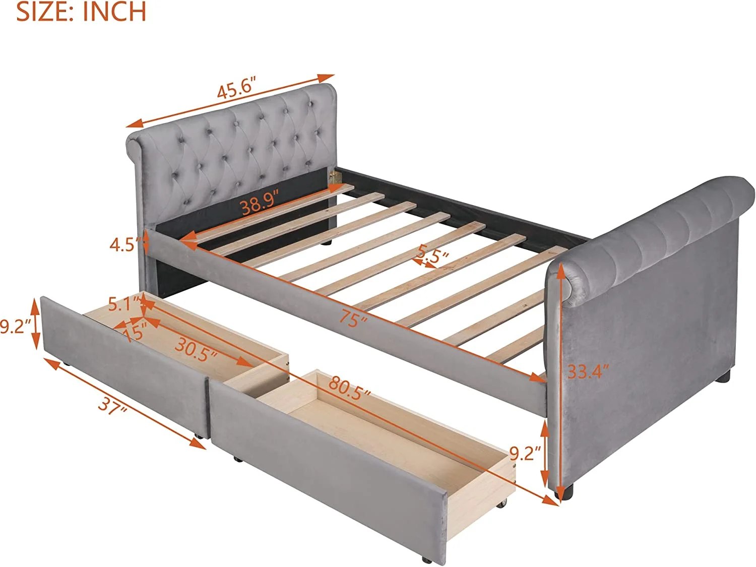 Upholstered Daybed With Storage, Wood Daybed Frame With 2 Drawers Udereath, Tufted Sofa Bed With Wood Slat Support For Bedroom,Livig Room,Gray