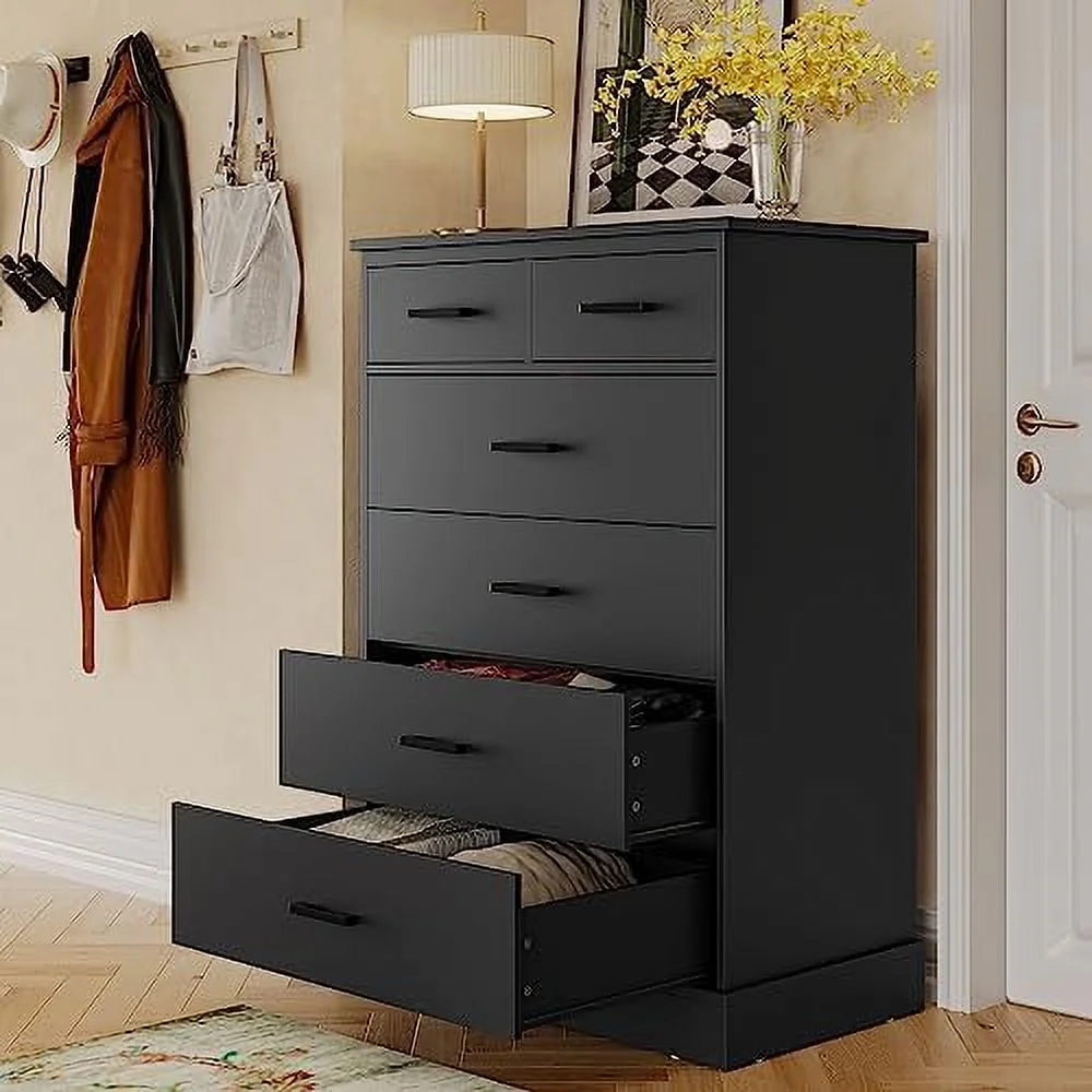 Black Dresser for Bedroom 6 Drawers Dresser Wood Tower Clothes Organizer Chest of 6 Drawers Large Capacity Cabinet Tall Dresser for Bedroom Hallway Entryway