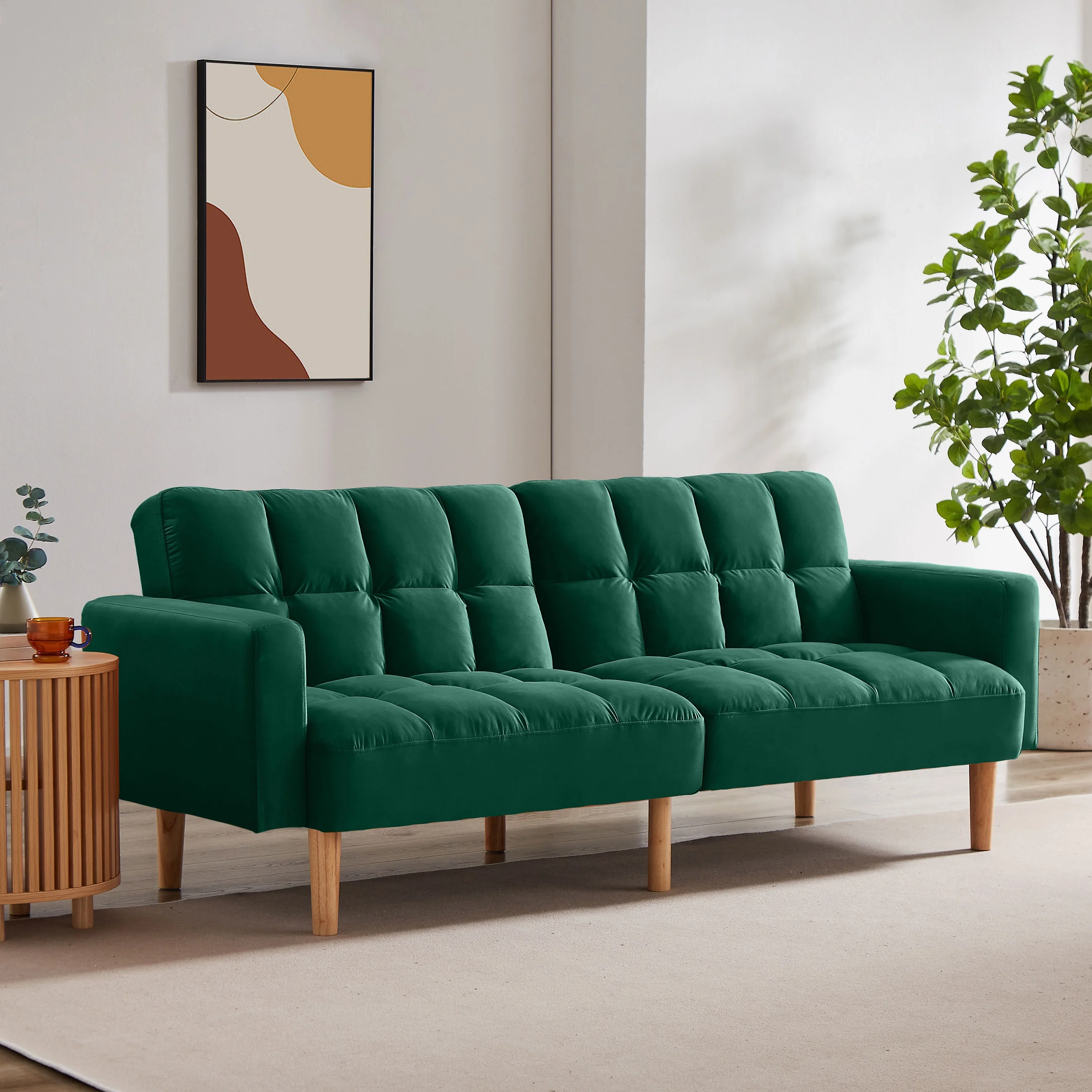 VANOMi Clearance 79.5'' Convertible Sofa Square Arm Futon Sleeper for Living Room Small Space, Green