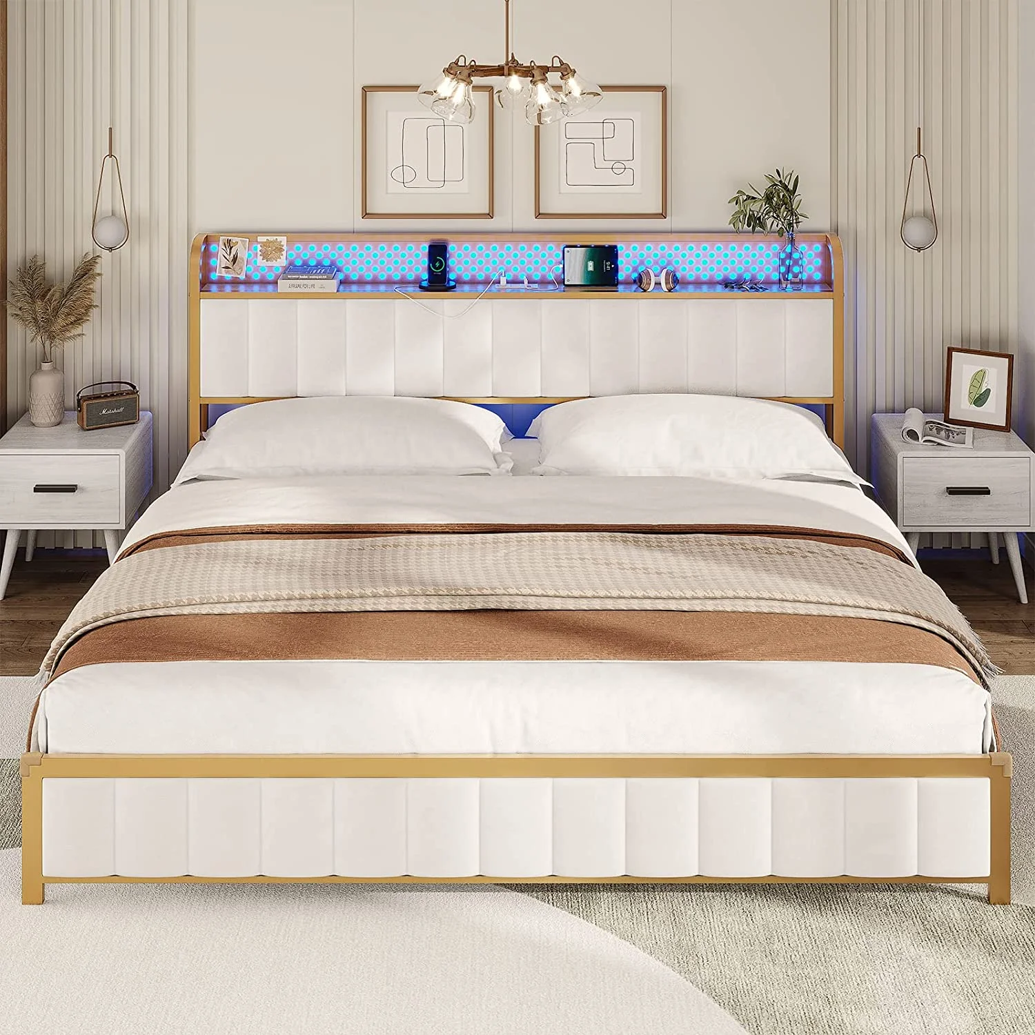 ADORNEVE King Bed Frame with LED Light Headboard, Upholstered Platform Bed Frame with USB Ports and Outlets, Gold