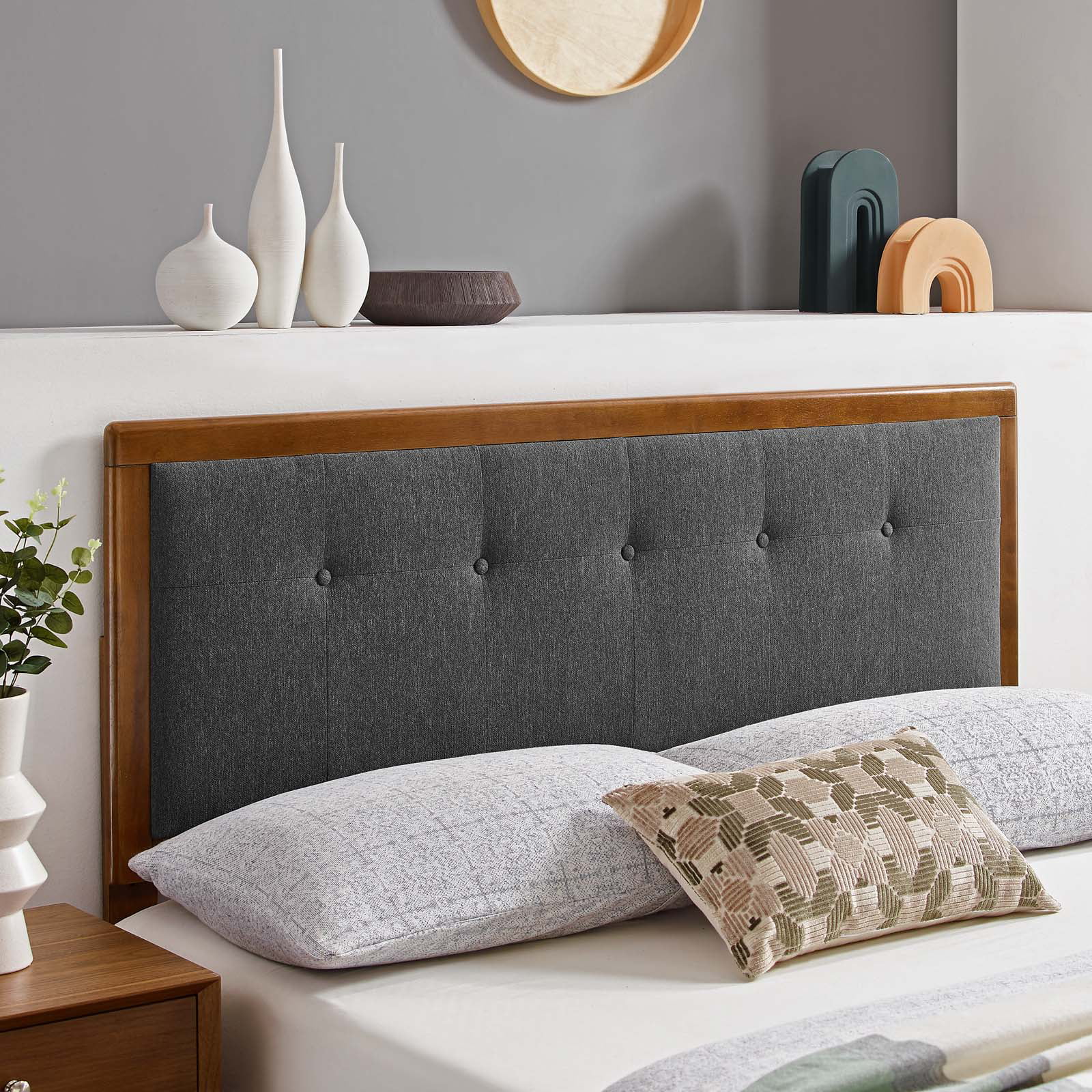 Tufted Headboard, Queen Size, Wood, Fabric, Brown Walnut Grey Gray, Modern Contemporary Urban Design, Bedroom Master Guest Suite