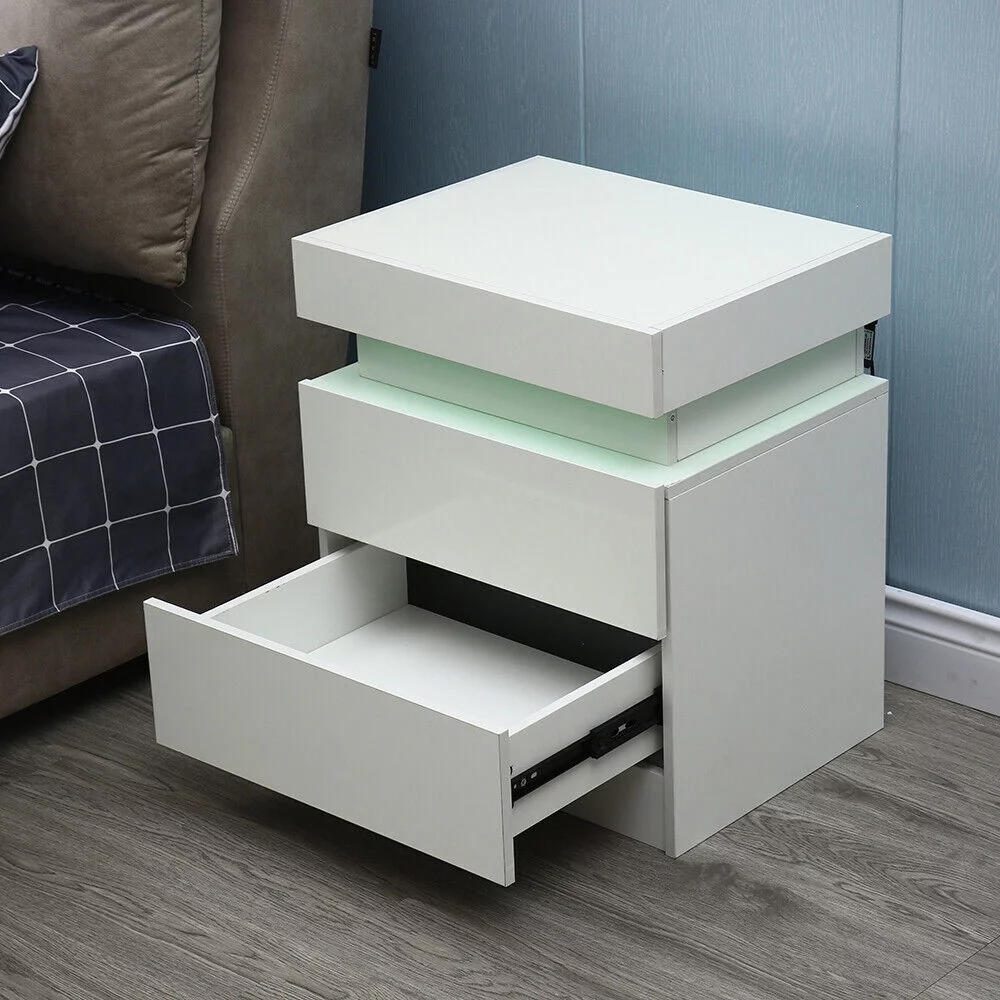 LED Nightstand with 2 Drawers High Gloss Bedside End Table Modern End Table Home Bedroom Dresser RGB LED Nightstand 45*35*52cm