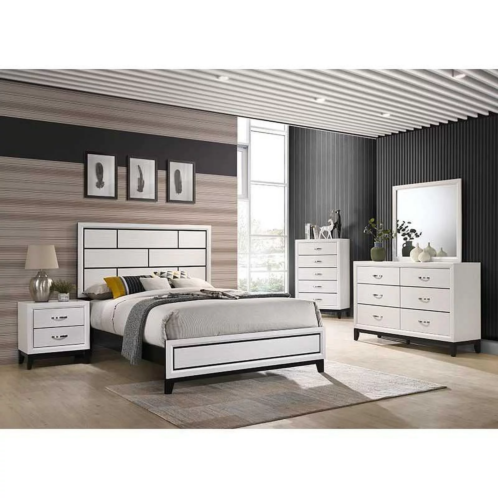 Traditionally Styled Panel Bedroom Set Bed Dresser Mirror Nightstand Set 5Pc Queen Size White Finish Home