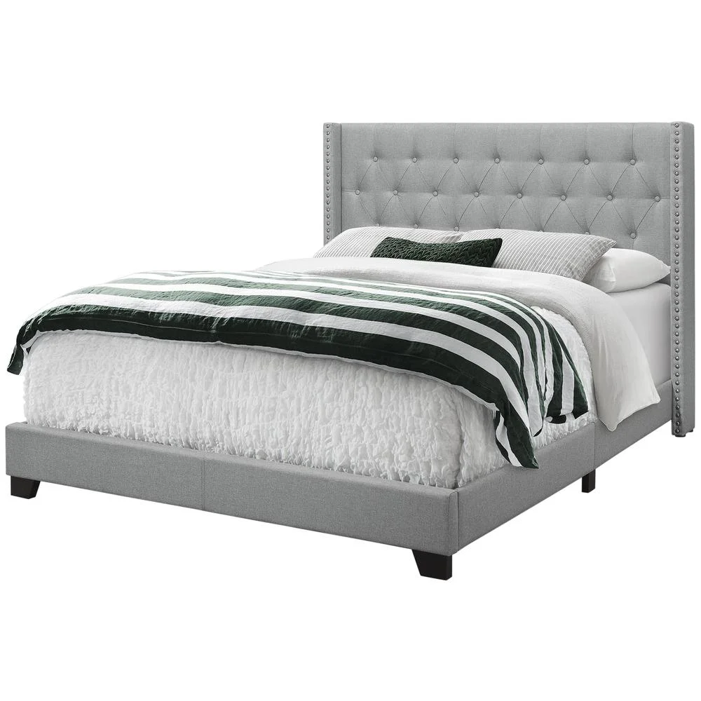 Monarch Specialties Bed - Queen Size, Grey Linen With Chrome Trim