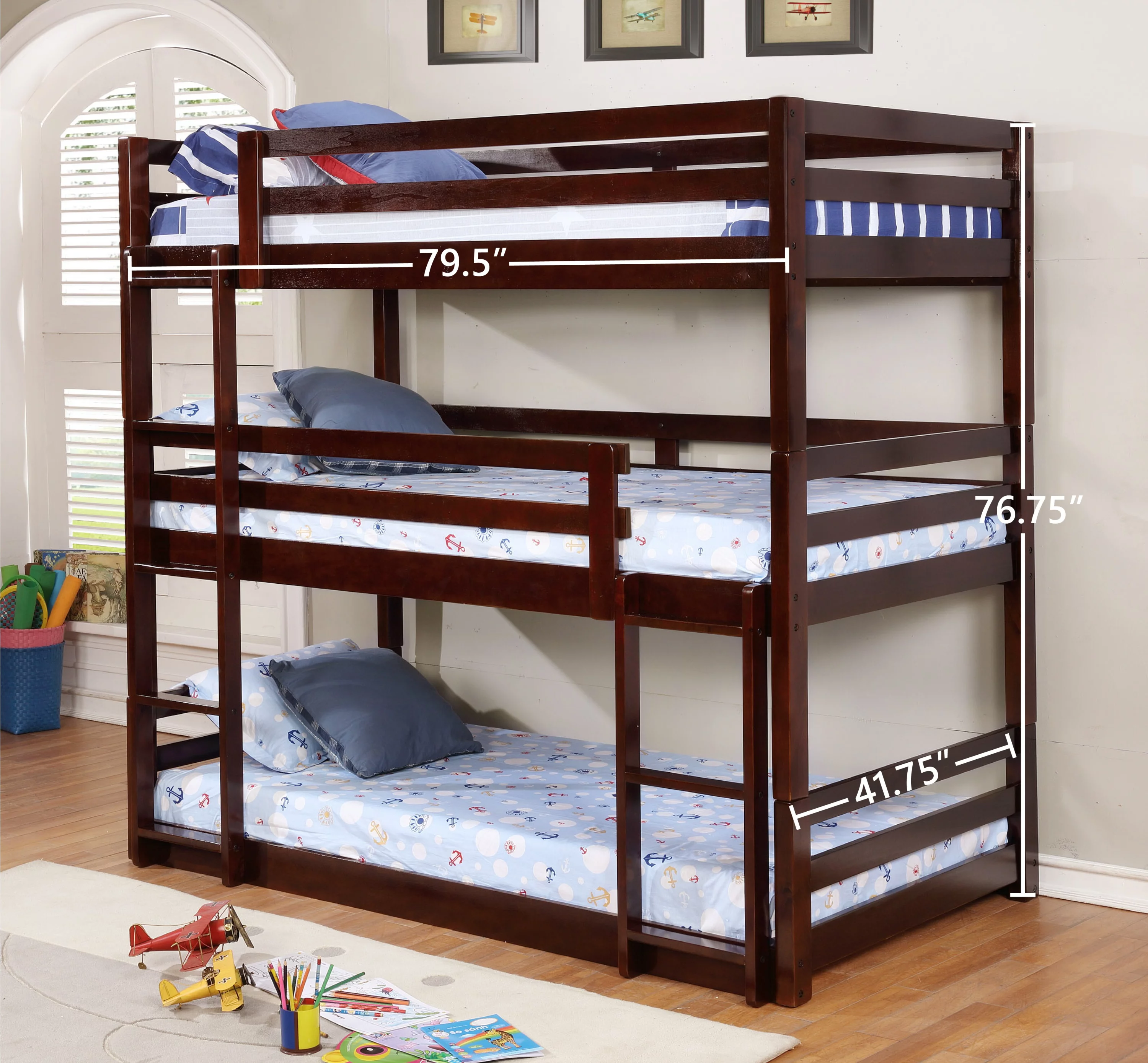 BELLA Bryson Wood Bunk Bed Twin-over-Twin-over-Twin, Dark Brown