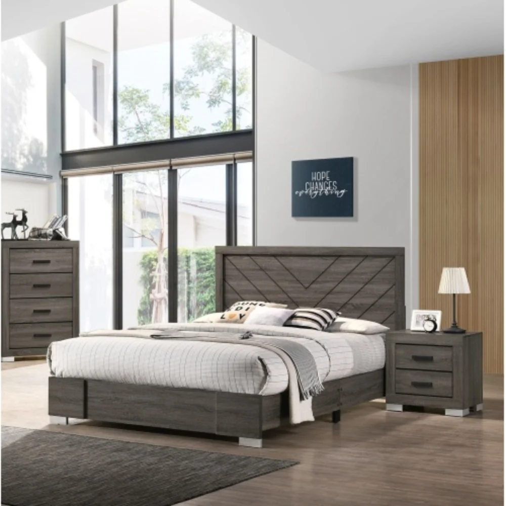 Contemporary Grey Finish Unique King Size Bed 1pc Bedroom Furniture Unique Lines Headboard Wooden  Gray + Solid Wood+MDF + Classic + Contemporary + Modern + Bedroom + King + Bed Frame