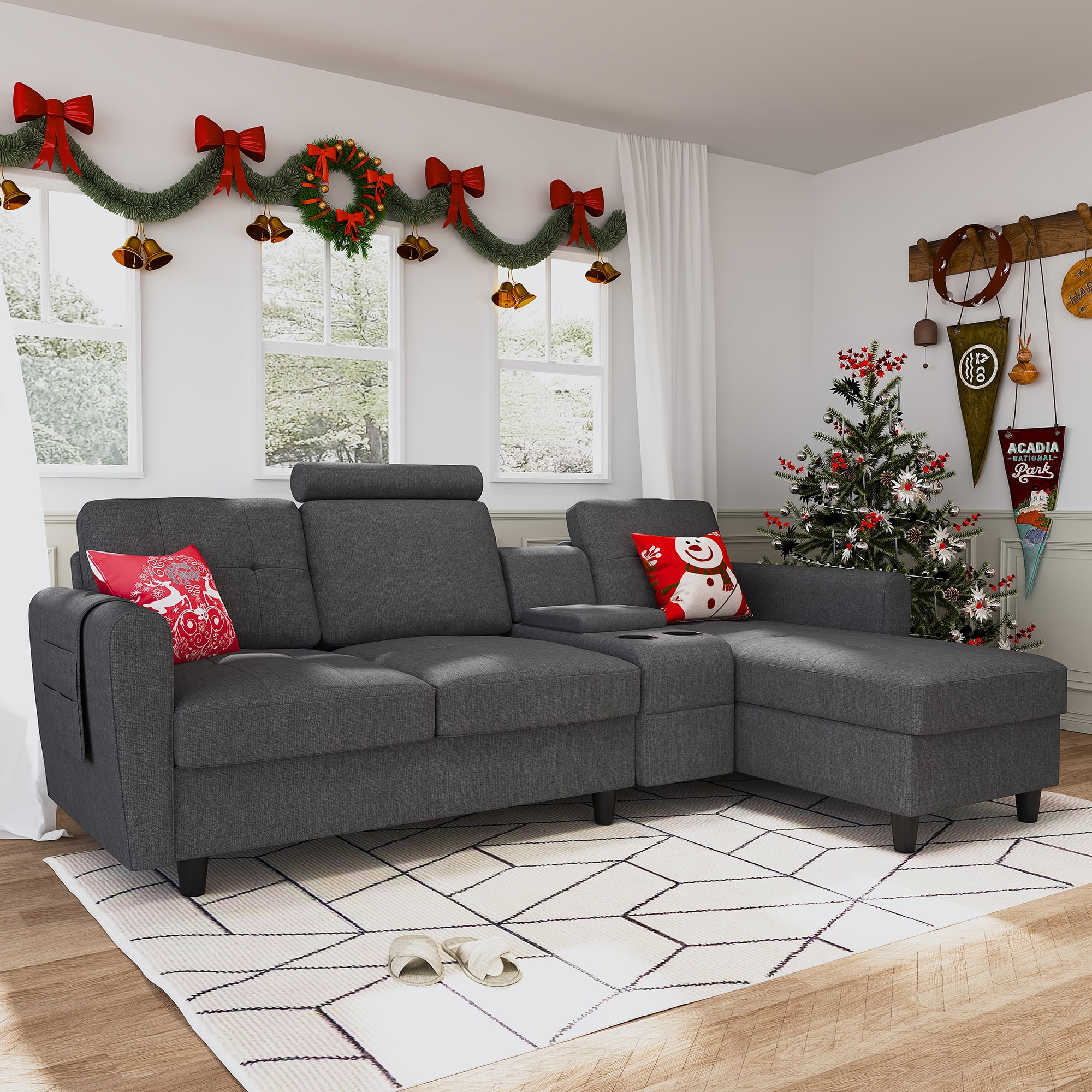 HONBAY Upholstered Fabric Sofa Couch Modern L-Shaped Reversible Sectional Sofa with Cup Holders & Storage Console for Living Room and Office, Dark Grey