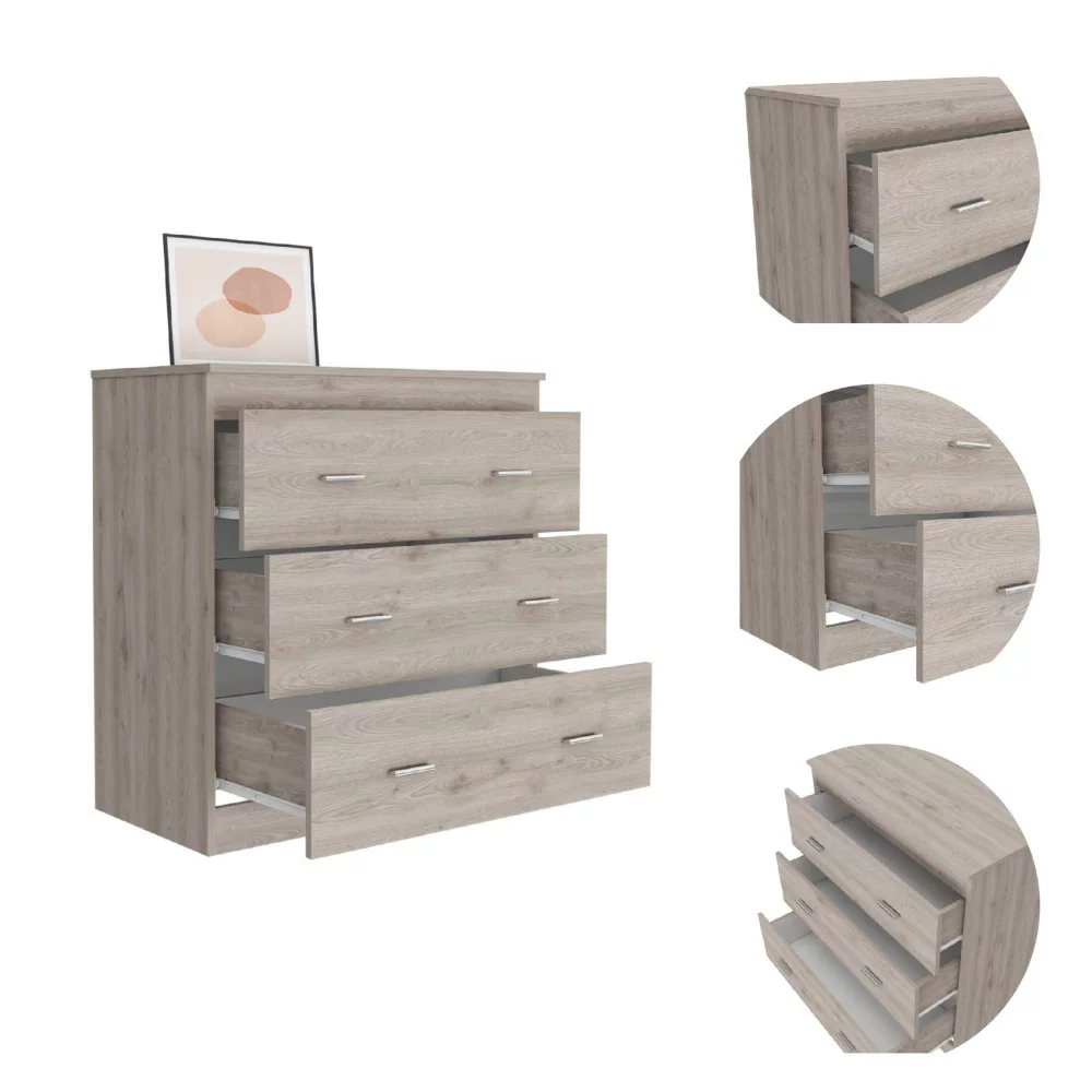 Treevol Furniture, Three Drawer Dresser Whysk, Superior Top, Handles, Light Gray / White Finish