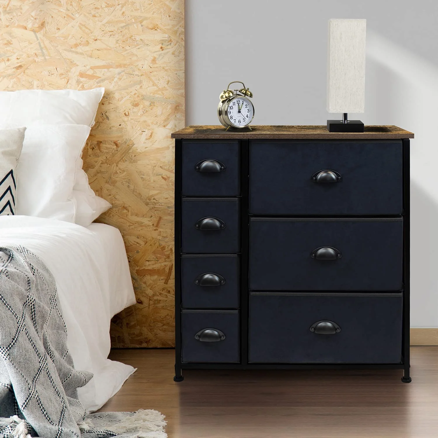 Sorbus 7-Drawer Chest Dresser for Adult Child Bedrooms, Rustic Wood Top, Fabric Drawers - Black
