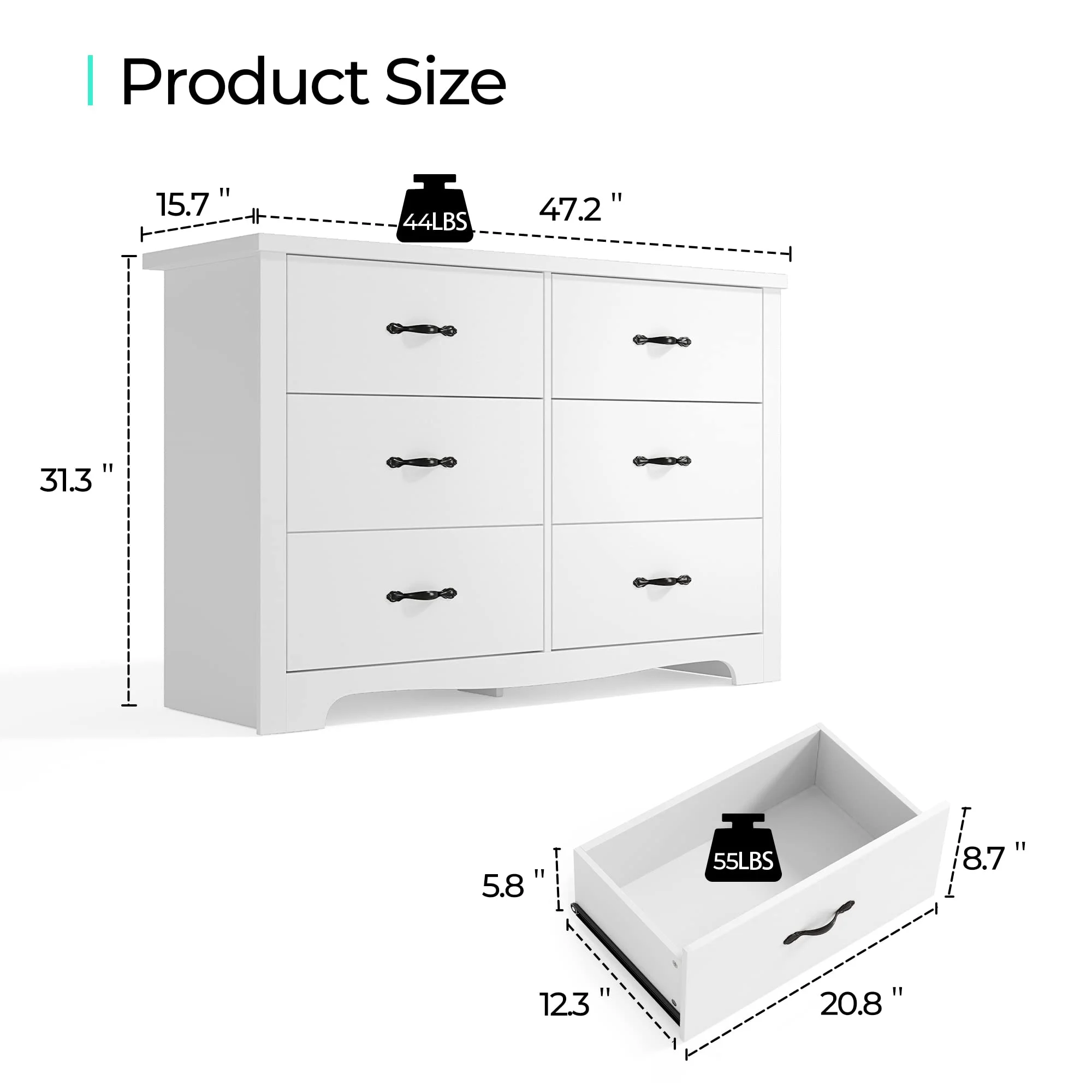 LINSY HOME Dressers for Bedroom, 6 Drawers Chest, Nursery Dresser Organizer, Wide Dresser Chest of Drawers - White