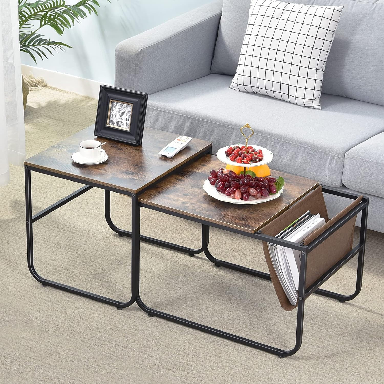 NLIBOOMLife Set of 2 Nesting Tables Stacking Sofa with Side Pocket Bedside Table End Tables with Metal Frame Coffee Tea Tables for Living Room Home Bedroom