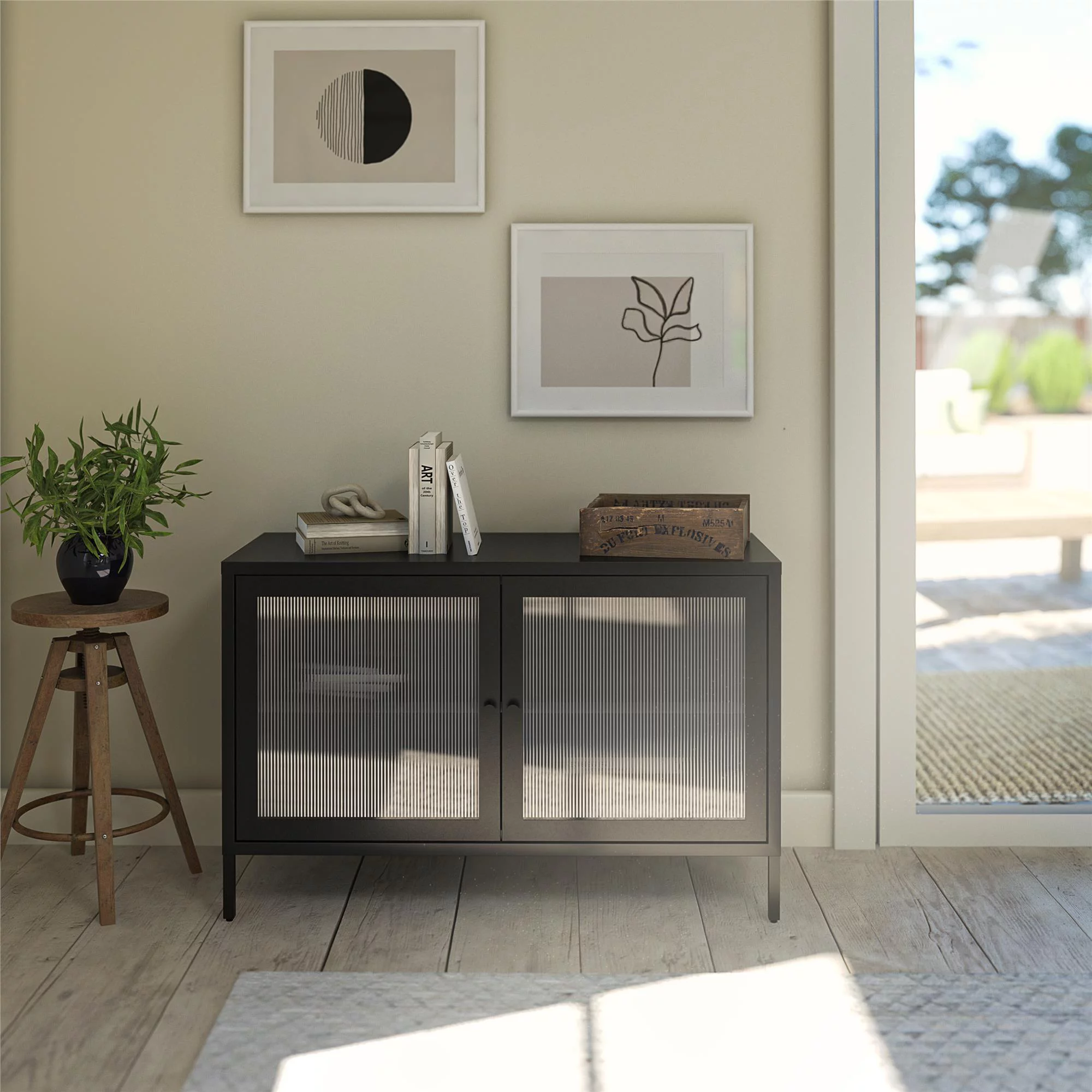 RealRooms Shadwick 2 Door Wide Metal Locker Accent Cabinet-Fluted Glass Doors, Black