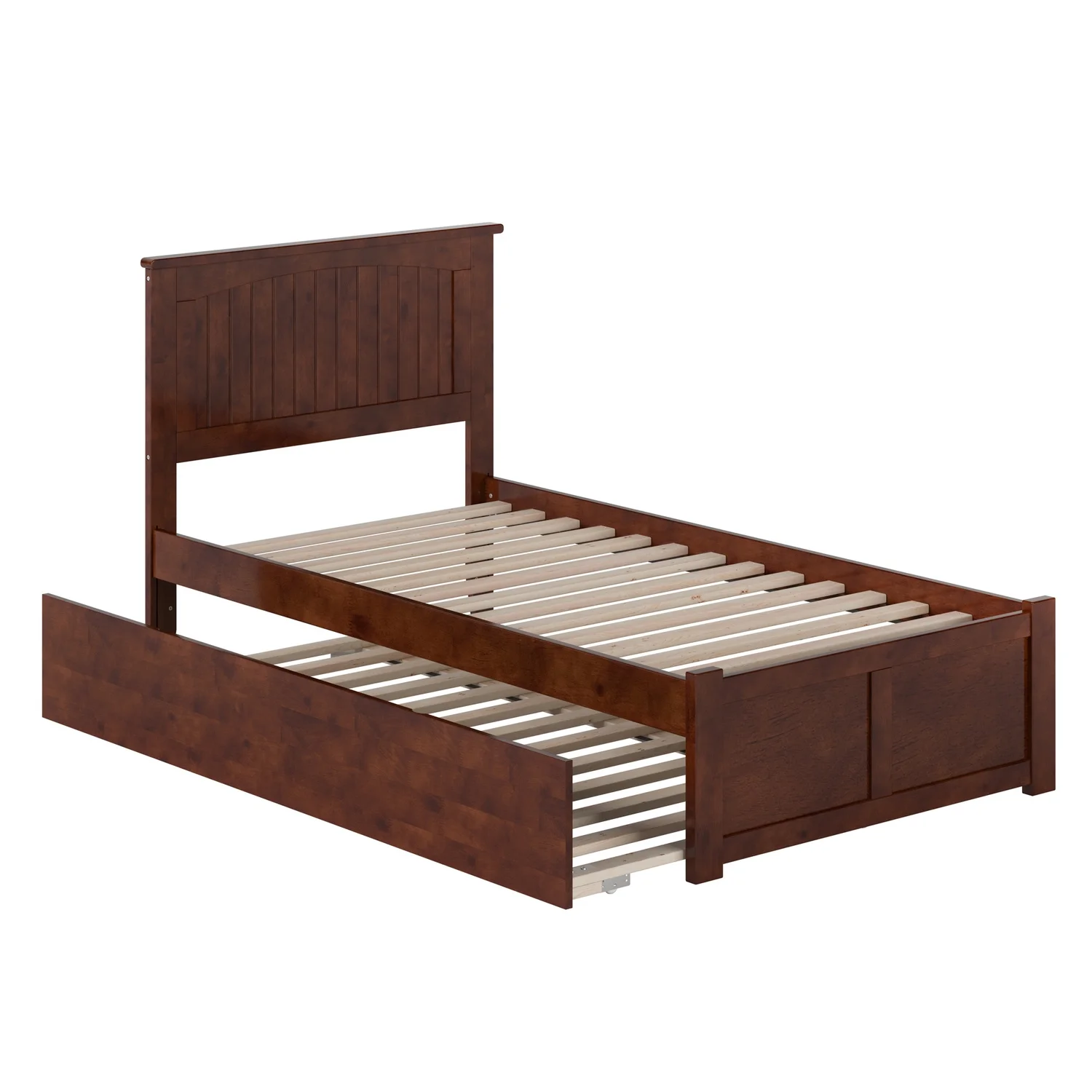 Nantucket Twin Wood Platform Bed with Footboard and Twin Trundle in Walnut