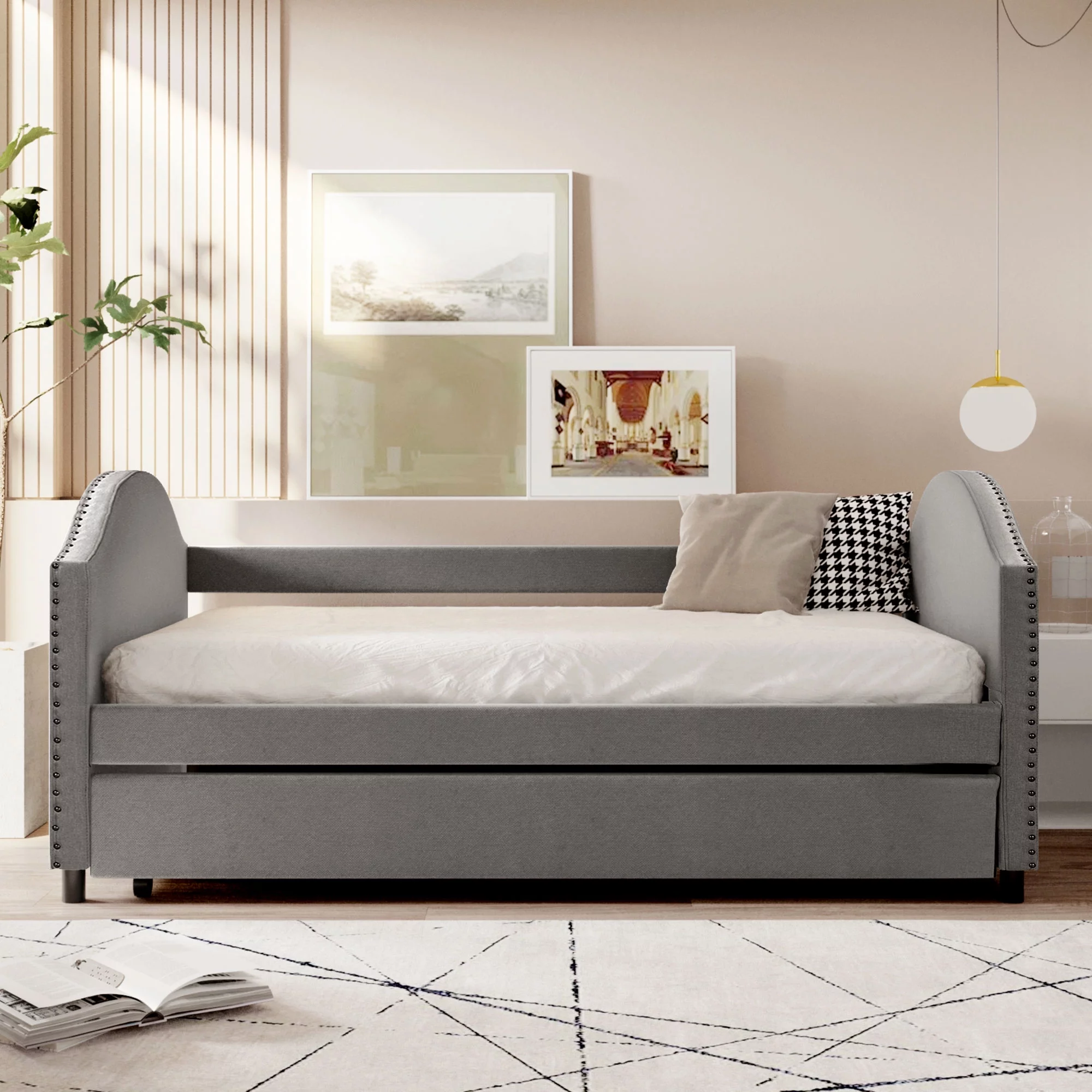 CoSoTower Full Size Upholstered Daybed with Twin Size Trundle, Wood Slat Support, Gray