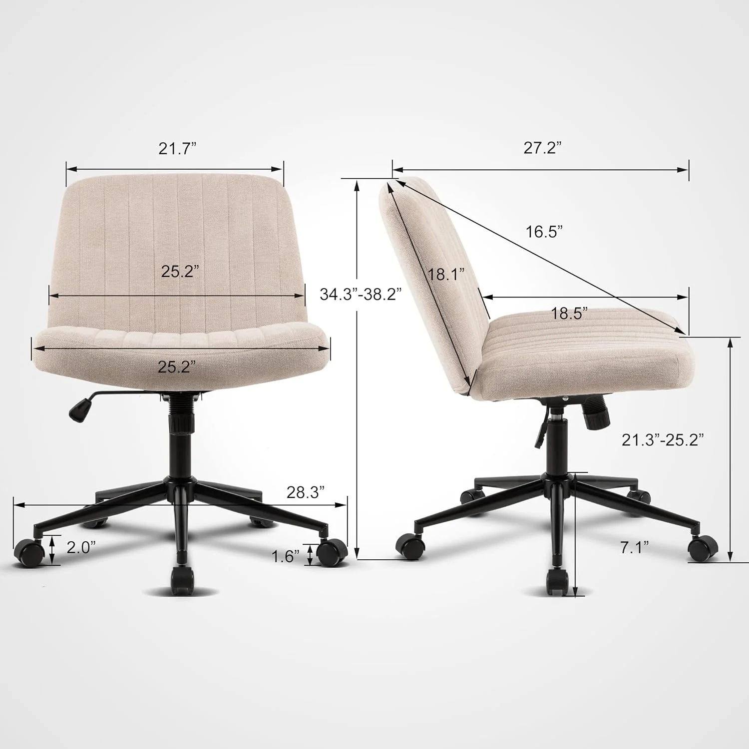 Home Office Desk Swivel Chair with Wheels Armless, Fabric Padded, Height Adjustment, 120° Rocking, Cross Legged Chair wide for Office, Home, Small Space, Bedroom, Vanity Chair for Make up, Beige