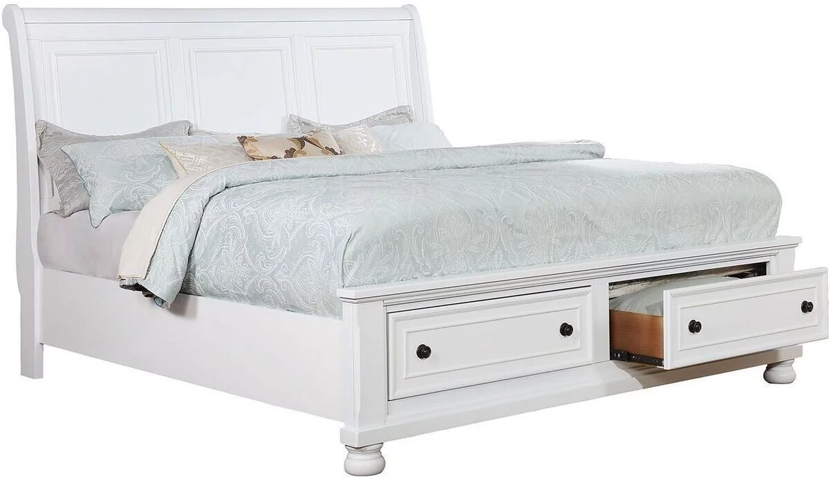 Eastern King Size Bed White Sleigh Design Headboard Storage Footboard Transitional Bedroom 1pc Furniture Bedframe Solid wood