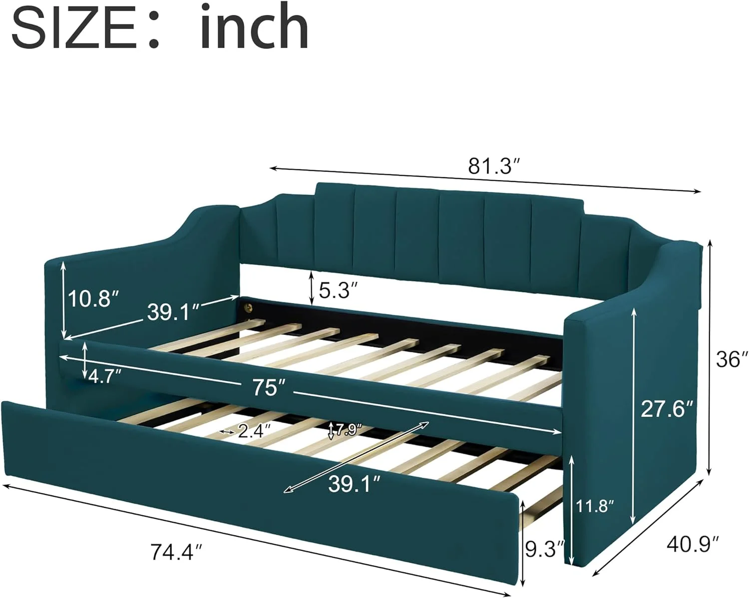 Daybed With Trundle, Upholstered Size Daybed Sofa Daybed Frame With Roll-Out Trundle, No Box Spring Needed, Furniture For Bedroom, Living Room, Guest Room, Green