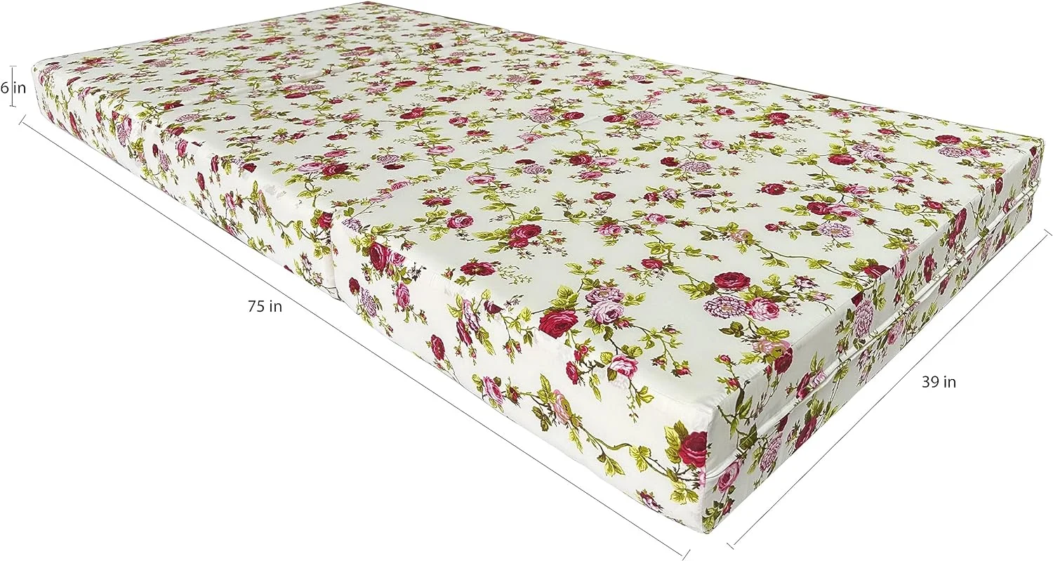 RUNFAYBIU D&D Futon Red Rose White Twin Size Shikibuton Trifold Beds Covertible Ottoman Folding Mattress 75 x 39 x 6 High Density Foam