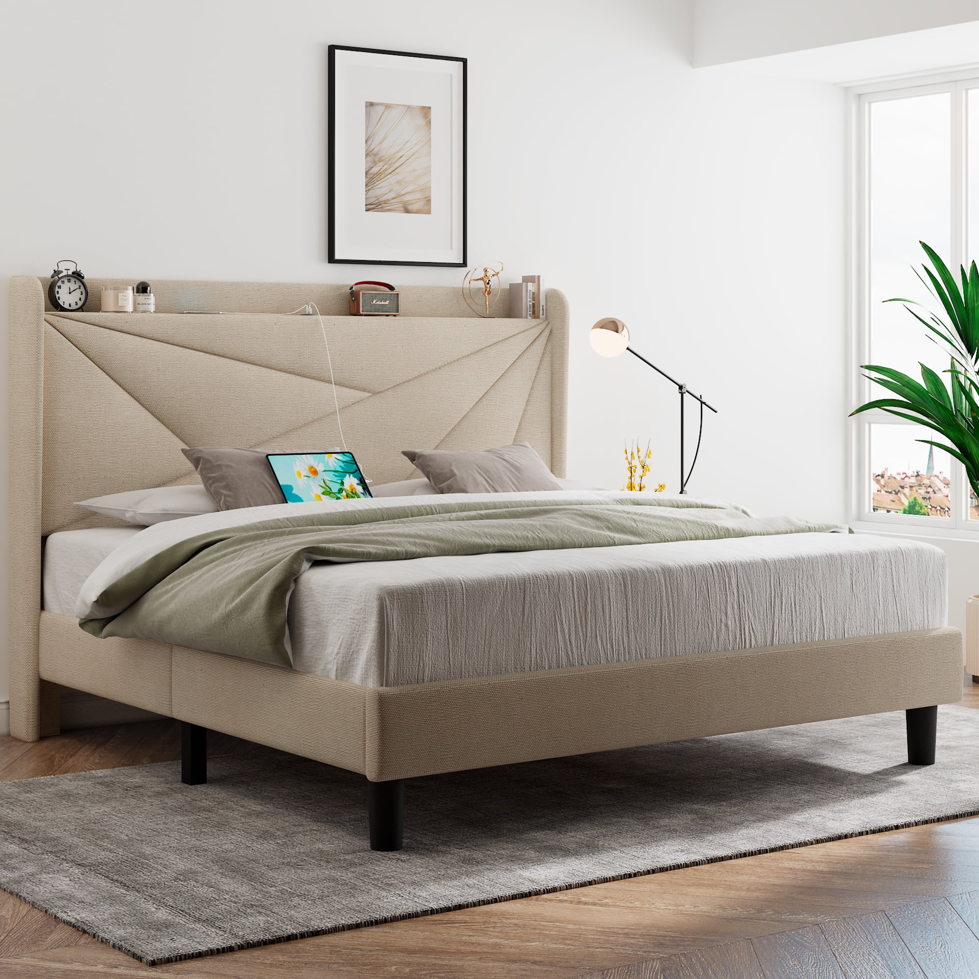 Feonase Full Size Bed Frame with Type-C & USB Ports, Upholstered Platform Bed Frame with Wingback Storage Headboard, Solid Wood Slats Support, No Box Spring Needed, Noise-Free, Beige
