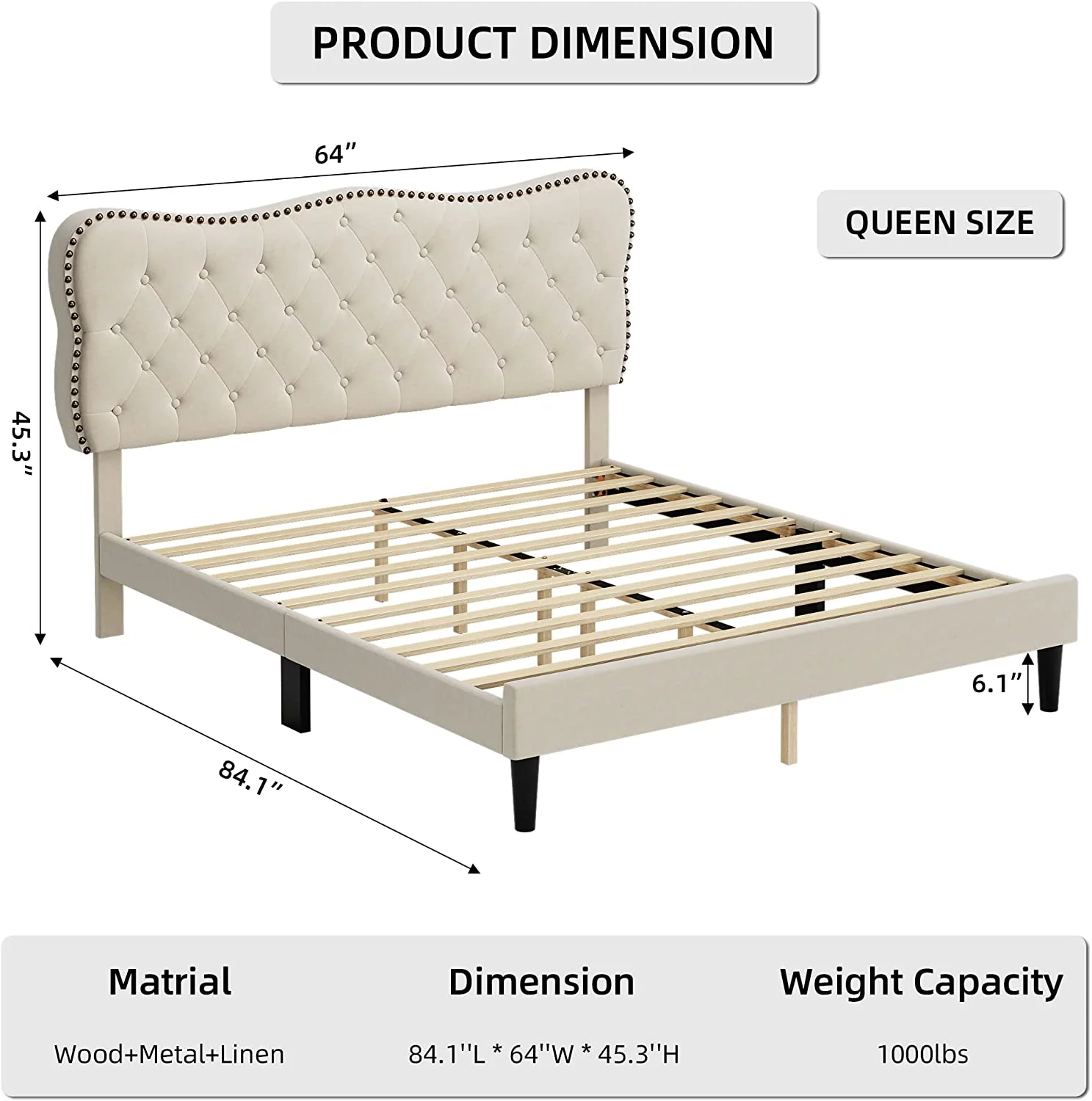 Queen Size Bed Frames Platform Upholstered Bed with Diamond Tufted and Adjustable Headboard No Box Spring Needed for Bedroom Bedroom Furniture in Beige