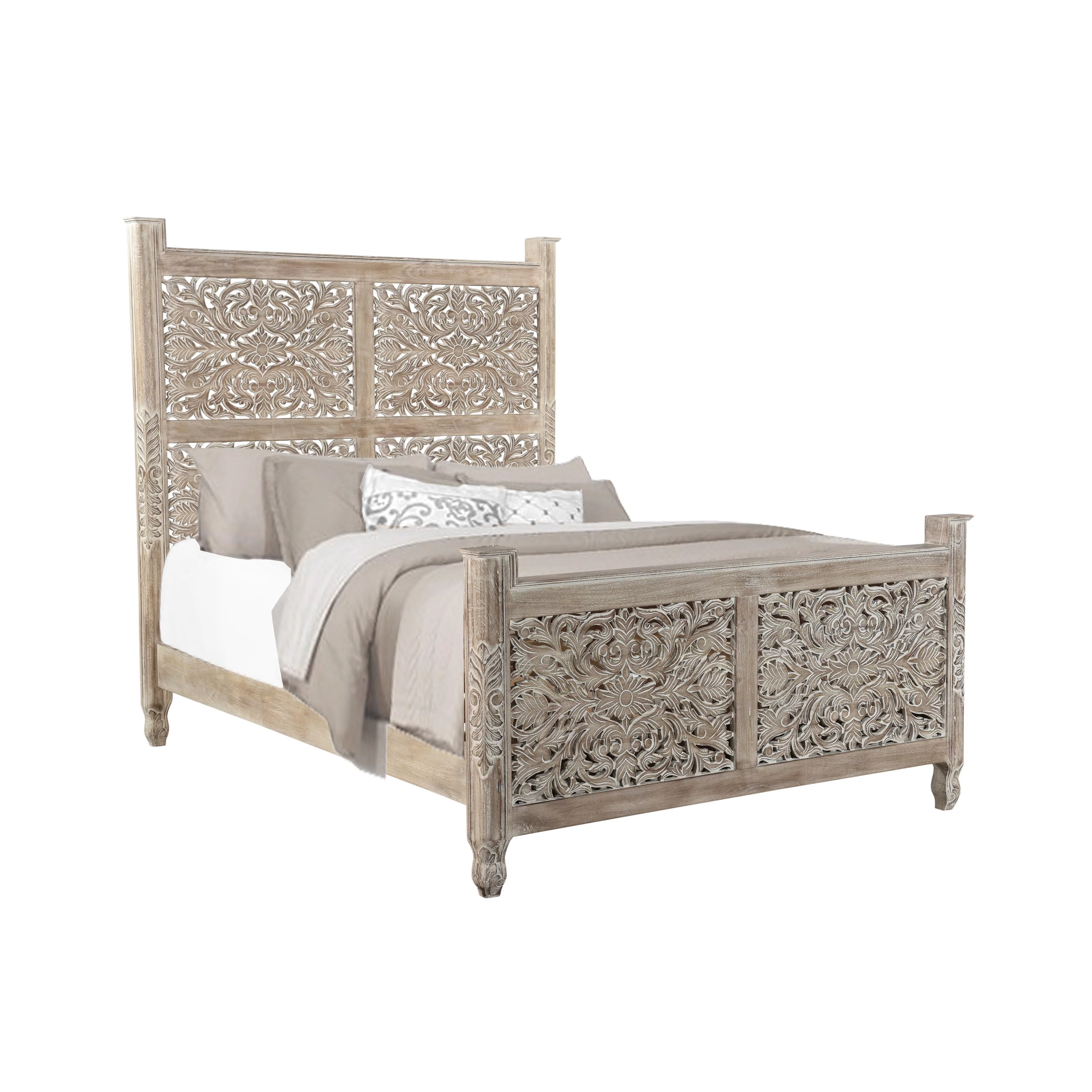 Florence Floral Carved Wood Queen Panel Bed Gray French Country