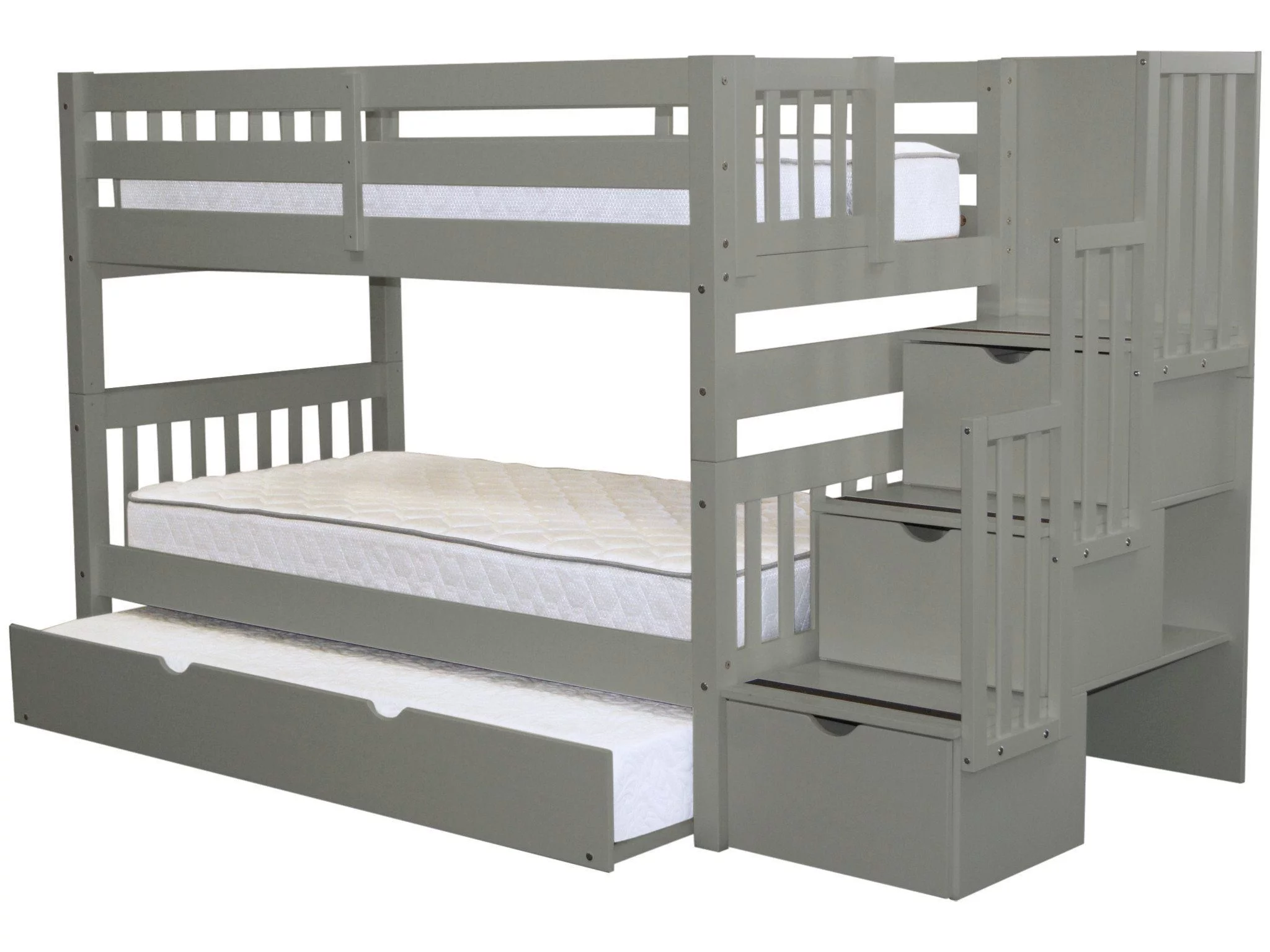 Bedz King Stairway Bunk Beds Twin over Twin with 3 Drawers in the Steps and a Twin Trundle, Gray