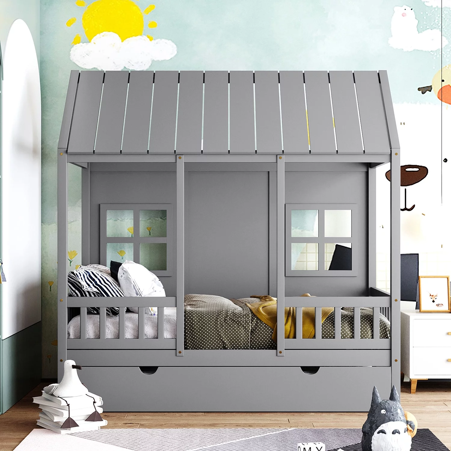 Churanty House Bed with Trundle Twin House Bed for Kids, Wooden Platform Bed Frame with Headboard and Roof for Girls Boys,Gray