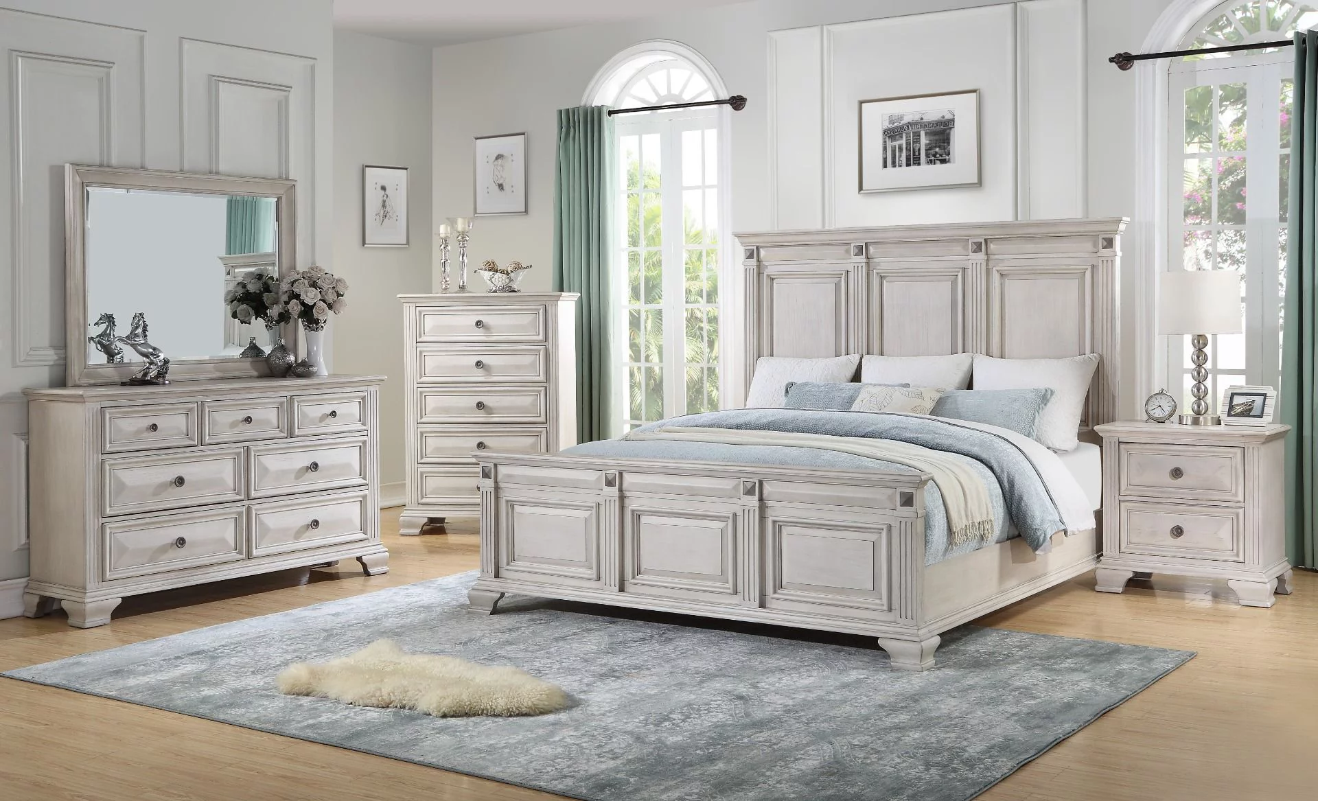 Renova Distressed Parchment Wood Bedroom Set, Queen Panel Bed, Dresser, Mirror, Two Nightstands, Chest