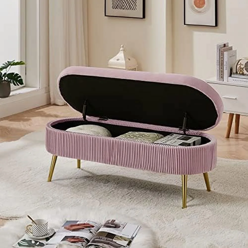 Oval Velvet Storage Bench,Soft Mat Tufted Bench Upholstered Storage Benches Footstool Ottoman End Of Bed Bench For Entryway Porch Bedroom Sitting Room,Pink